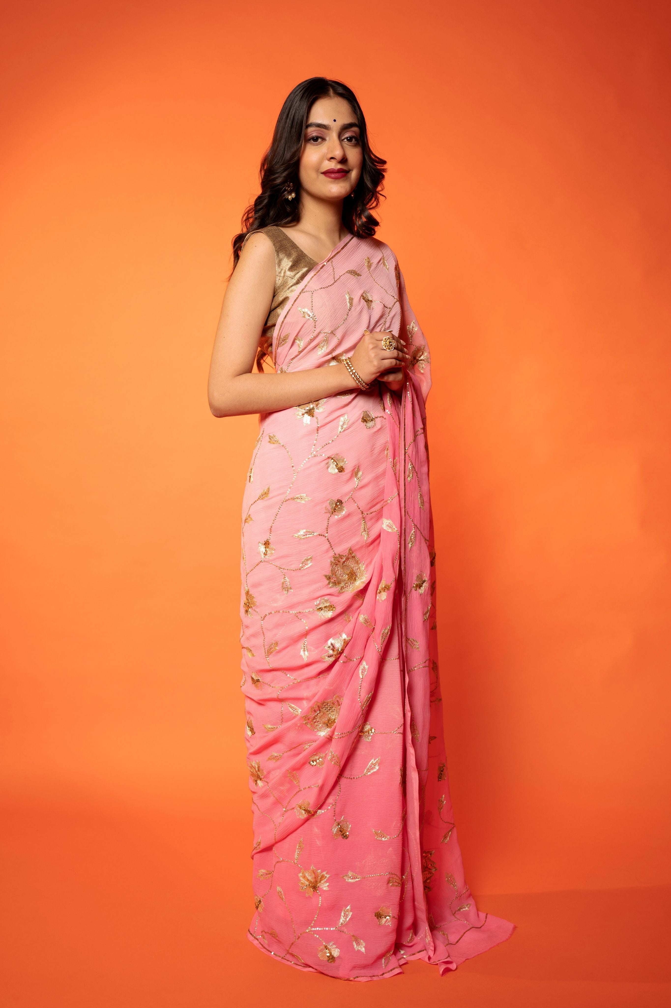 Pink light dark Pure Chiffon aari sequins jaal handwork saree