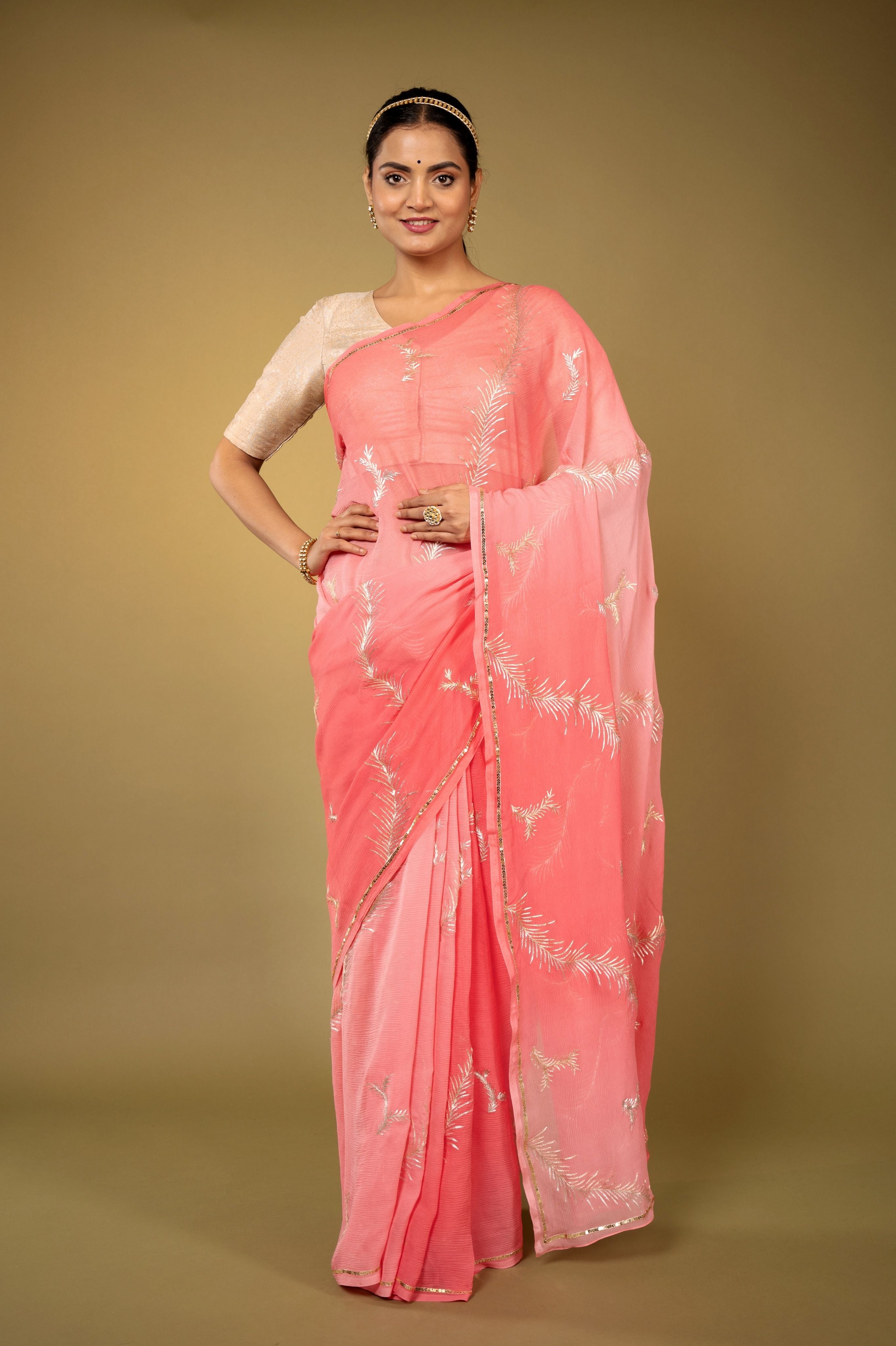 Gajri Light dark Pure Chiffon aari chaddi pattern handwork saree