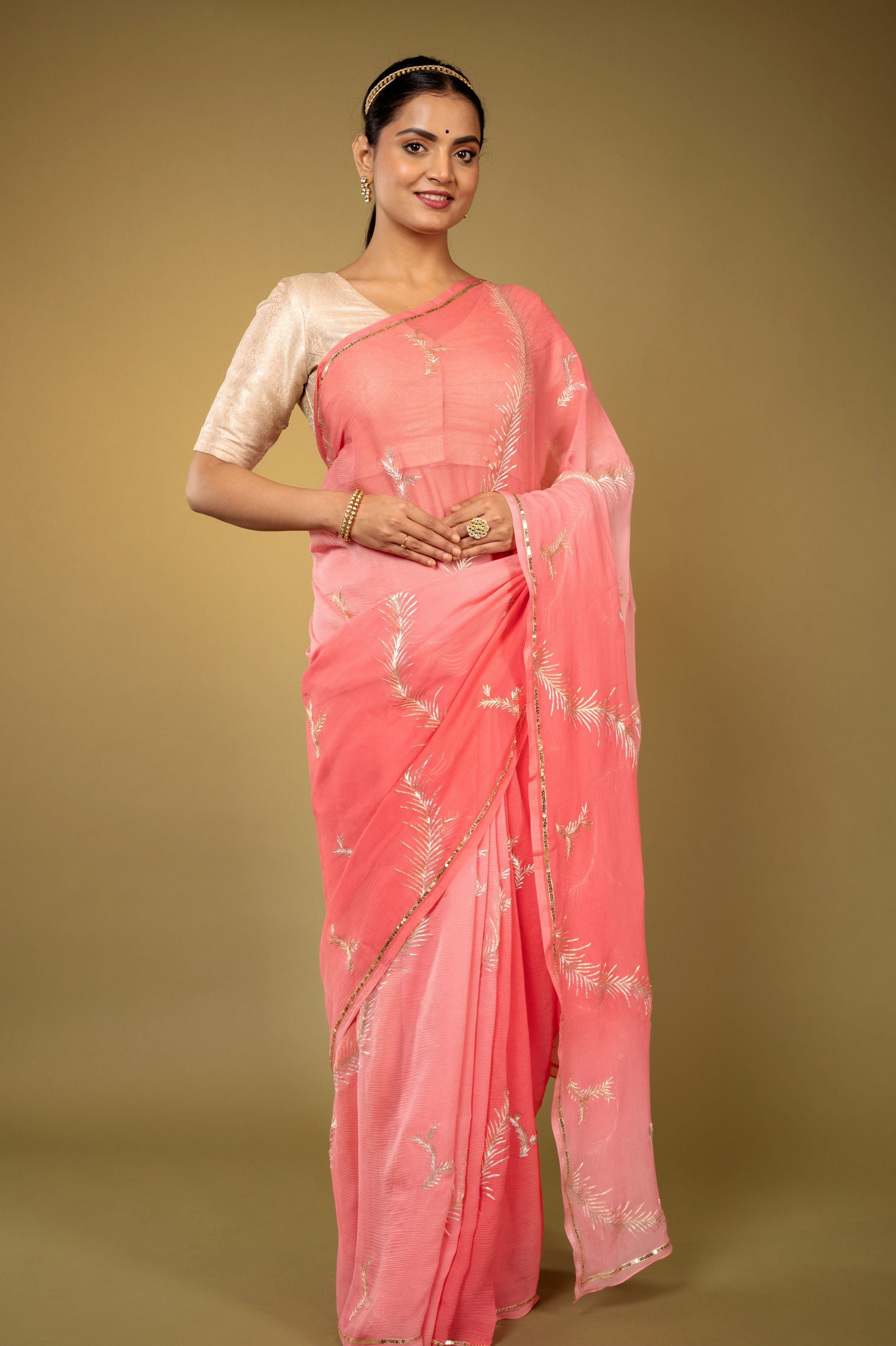 Gajri Light dark Pure Chiffon aari chaddi pattern handwork saree