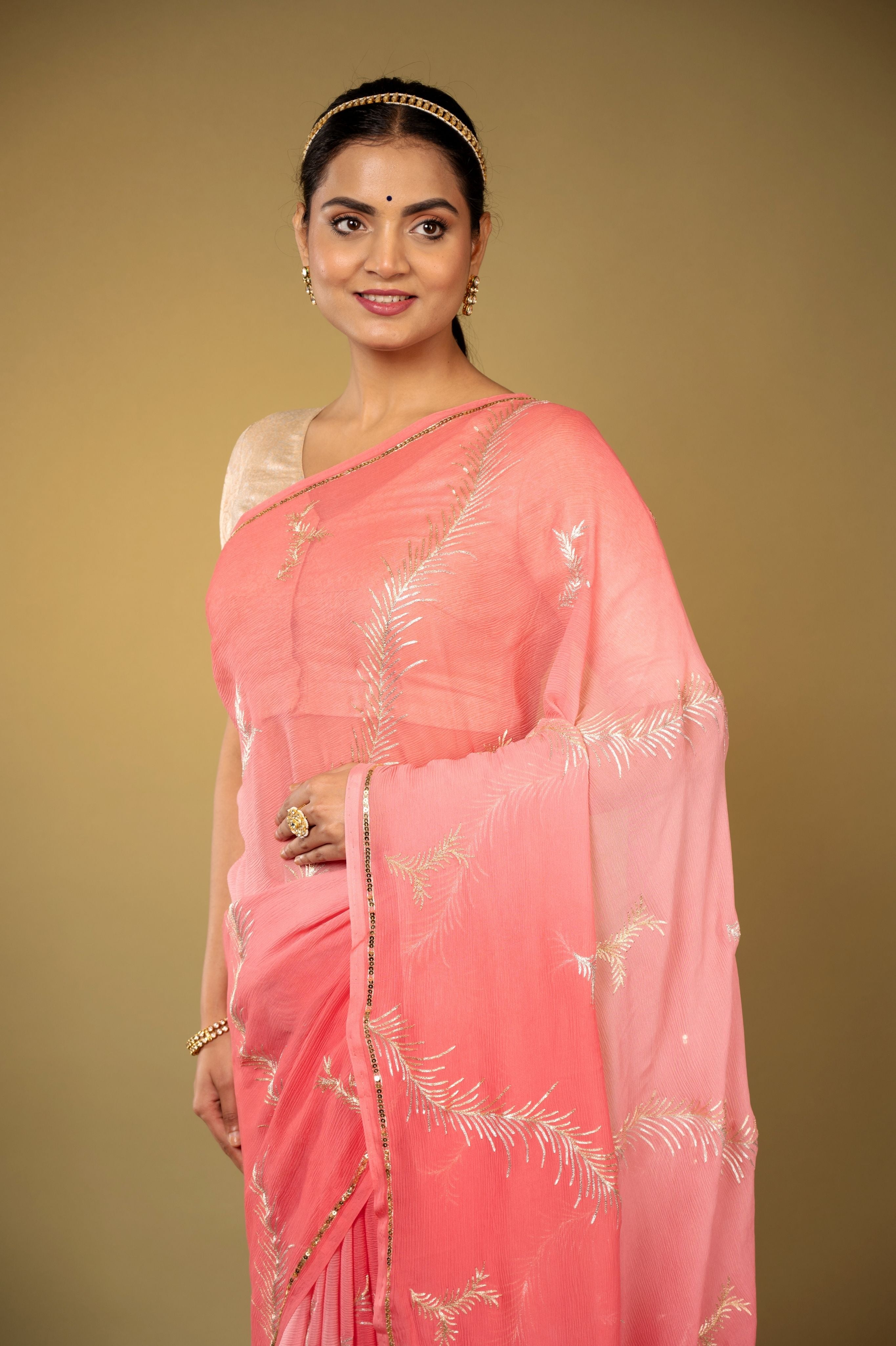 Gajri Light dark Pure Chiffon aari chaddi pattern handwork saree