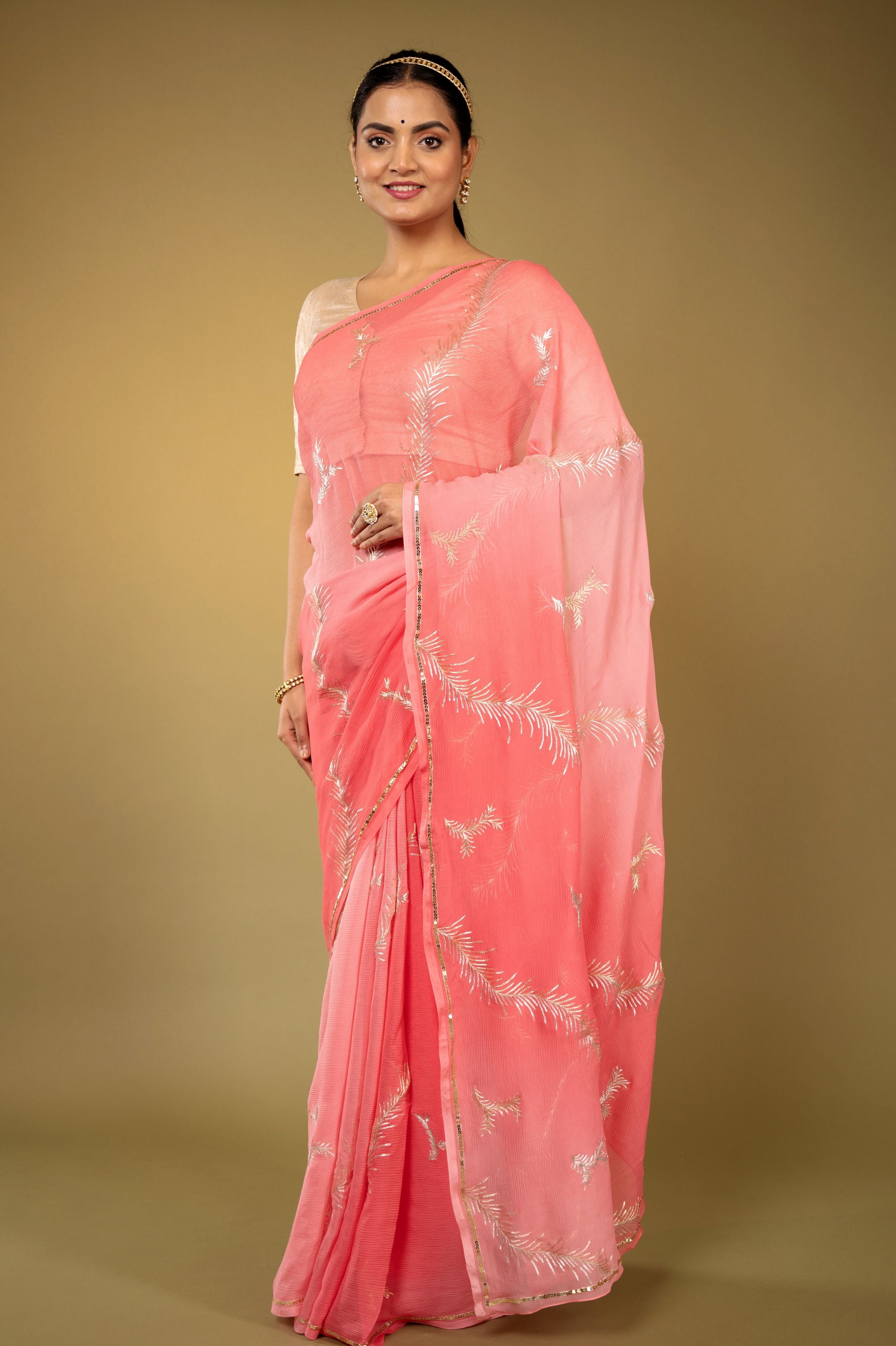 Gajri Light dark Pure Chiffon aari chaddi pattern handwork saree