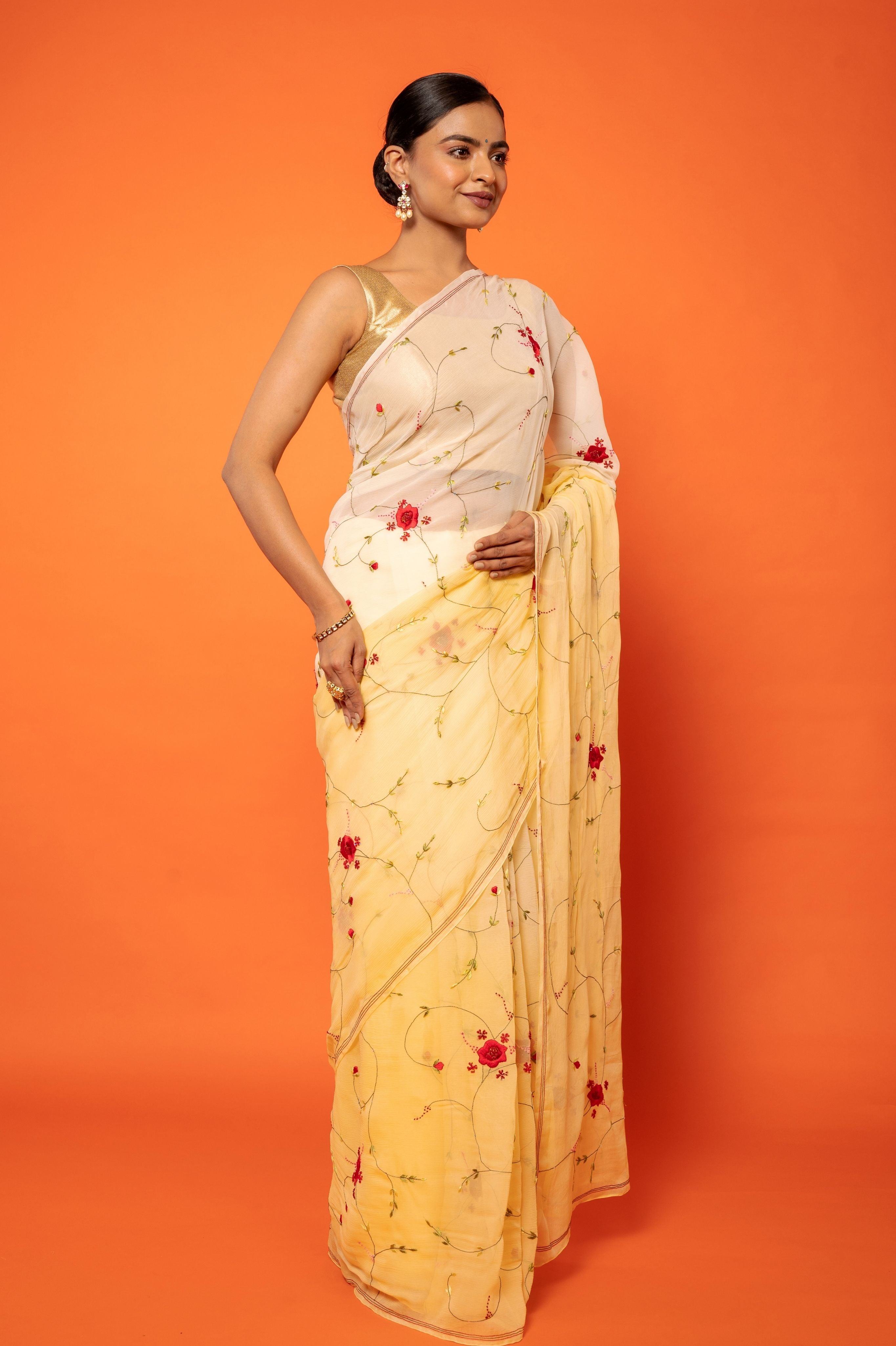 Yellow light dark Pure Chiffon resham Embroidery jaal handwork saree