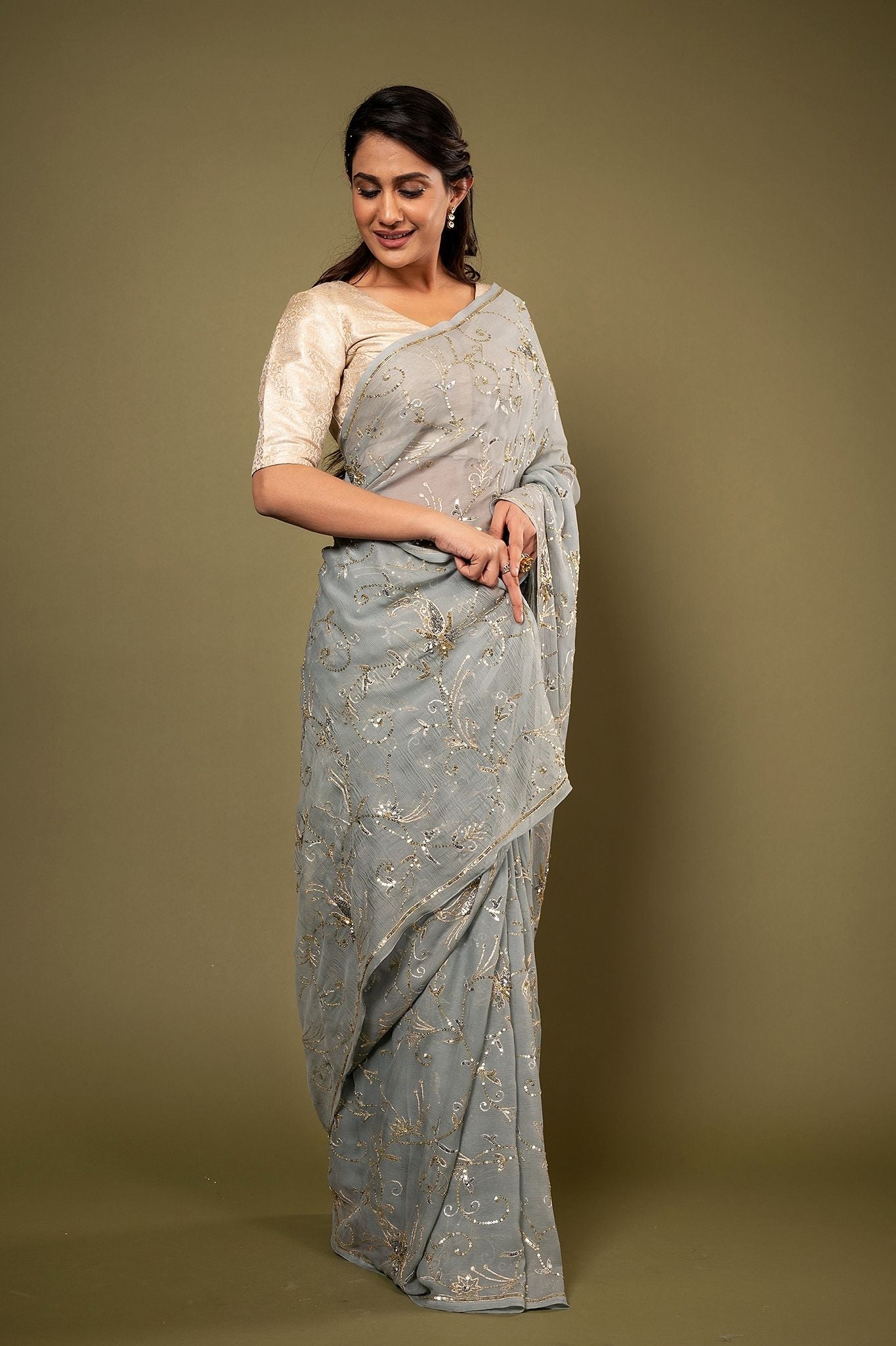 Grey Pure Chiffon aari sequins jaal handwork saree