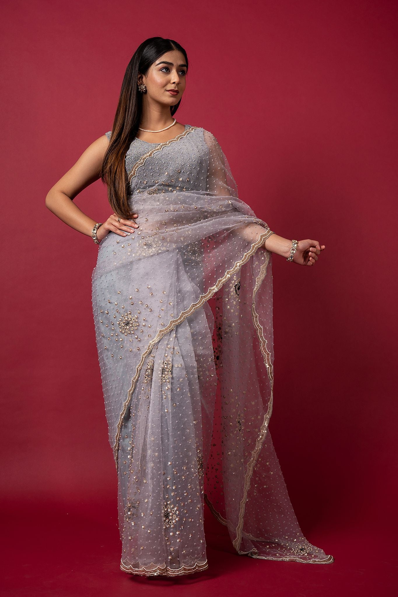 Grey Tissue organza pearl sequins handwork saree