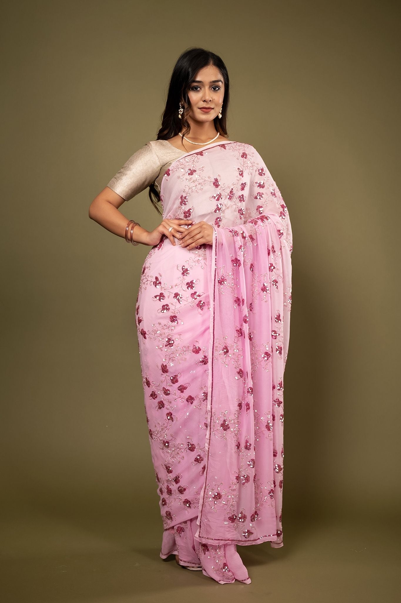 Pink light dark Pure Chiffon sequins kardana jaal handwork saree