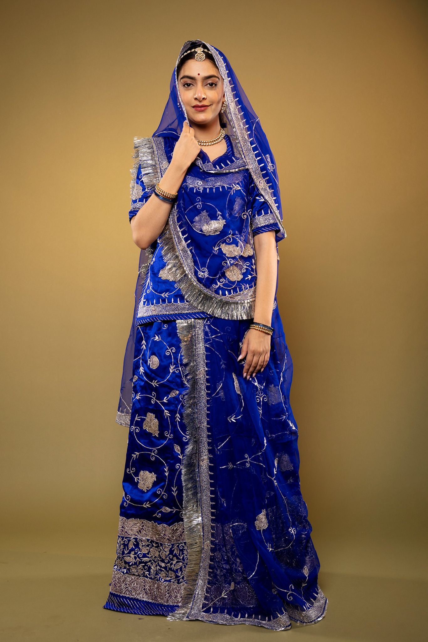 Royal Blue Pure Silk Satin chanderi handwork rajputi Poshak with Pure odhna