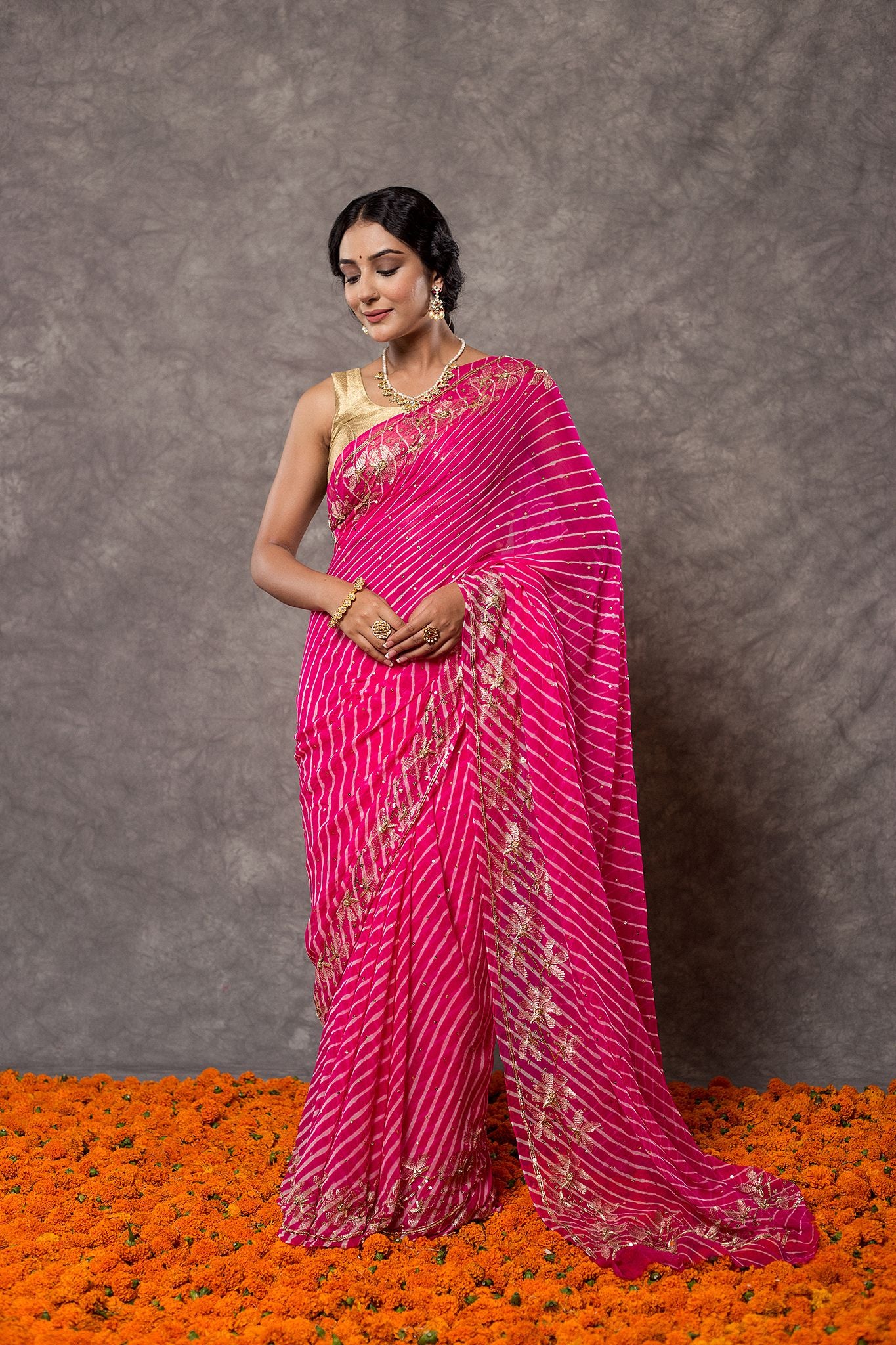 Rani Lehariya Pure Georgette 20 Gsm aari sequins border butti handwork traditional wear saree