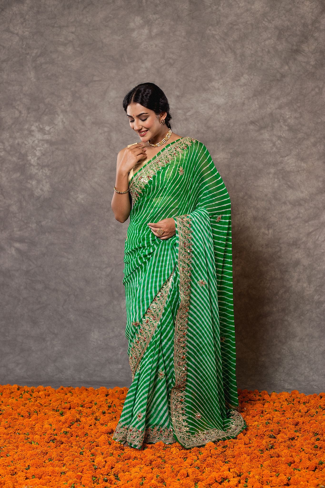 Green lehariya Pure Georgette 20 Gsm gota pati border butti handwork traditional wear saree