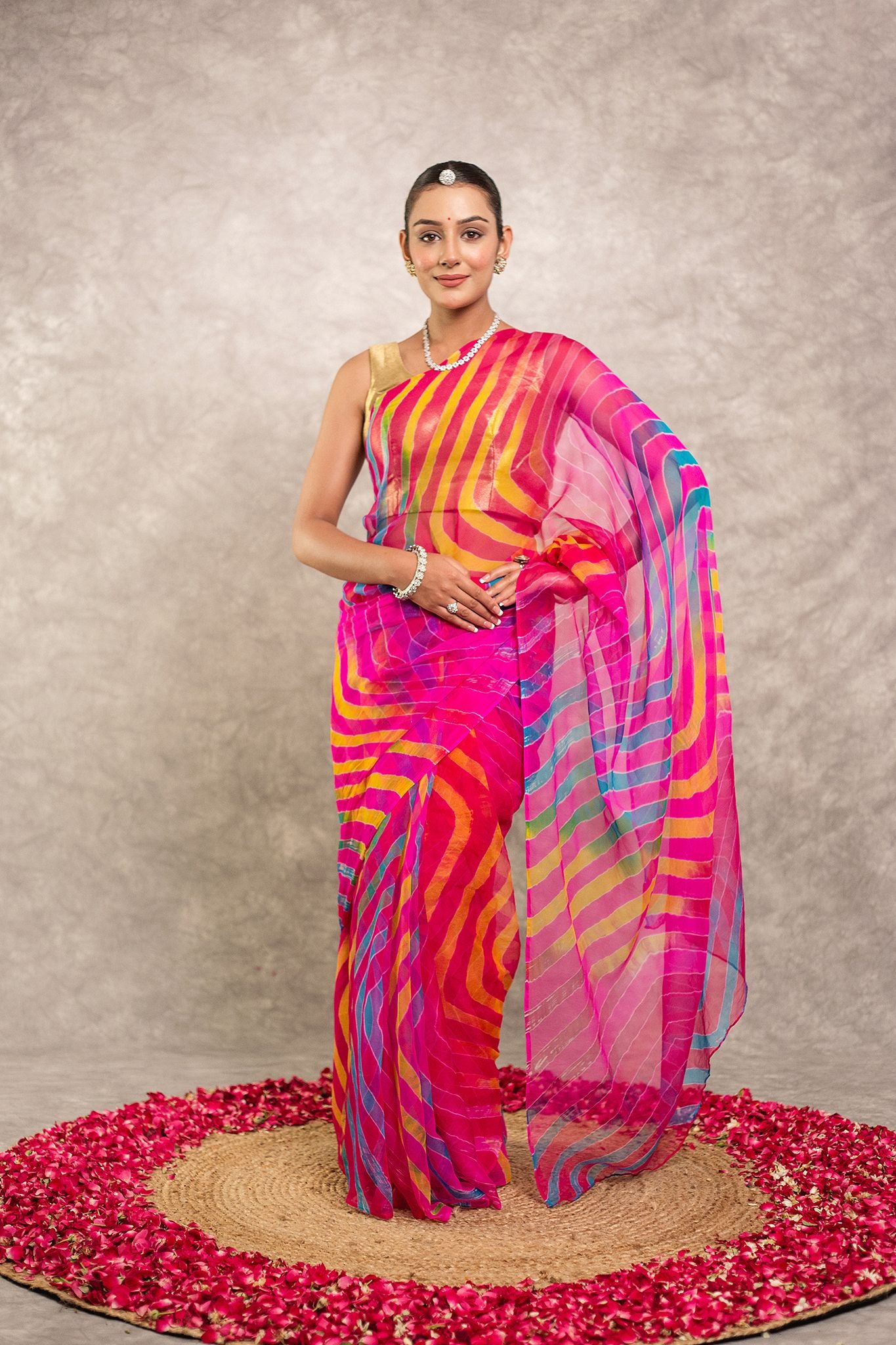Multi lehariya Pure Georgette 20 Gsm plain hand dyed traditional wear saree