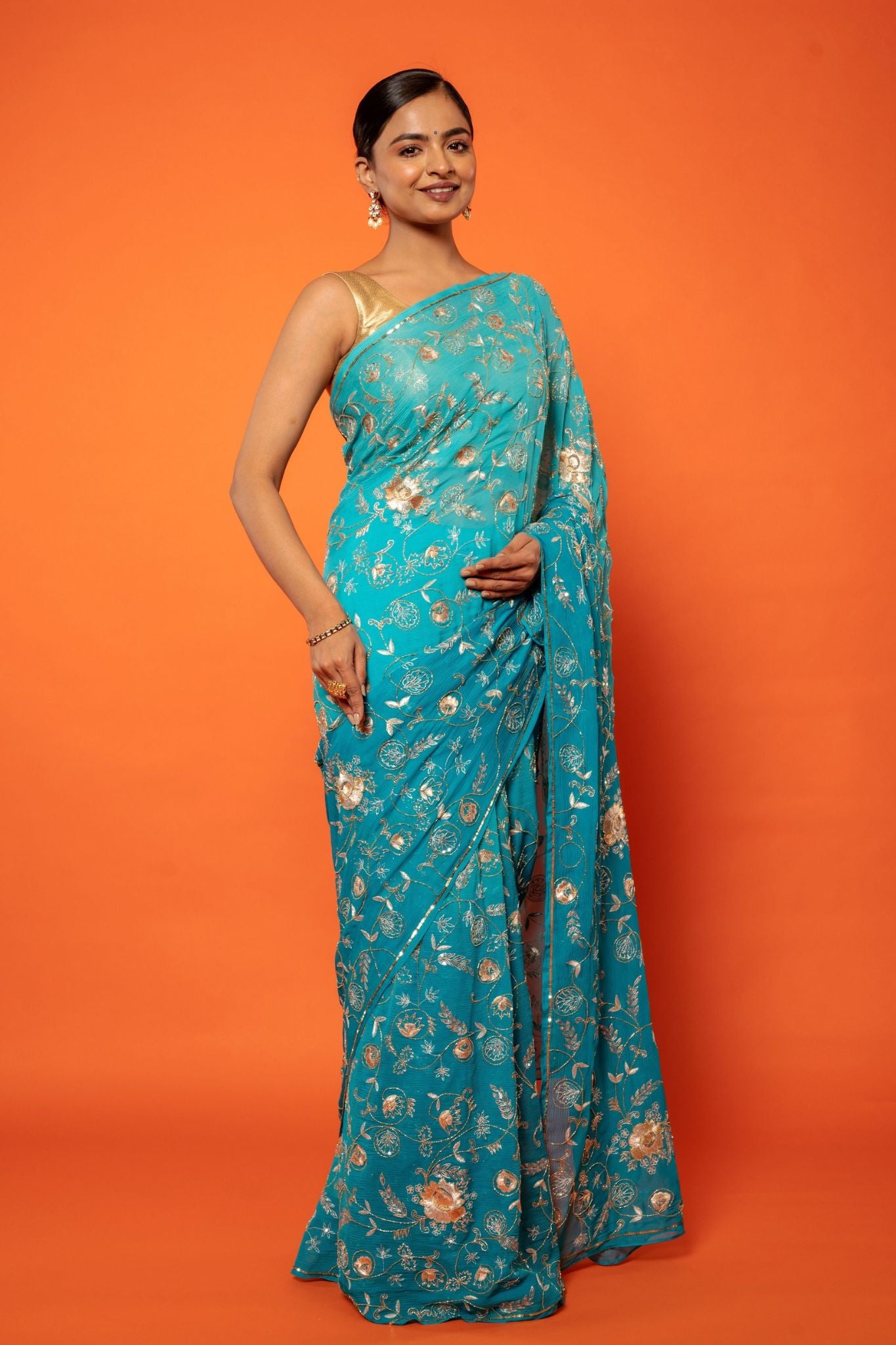 Firozi Light Dark pure chiffon aari sequins jaal handwork saree