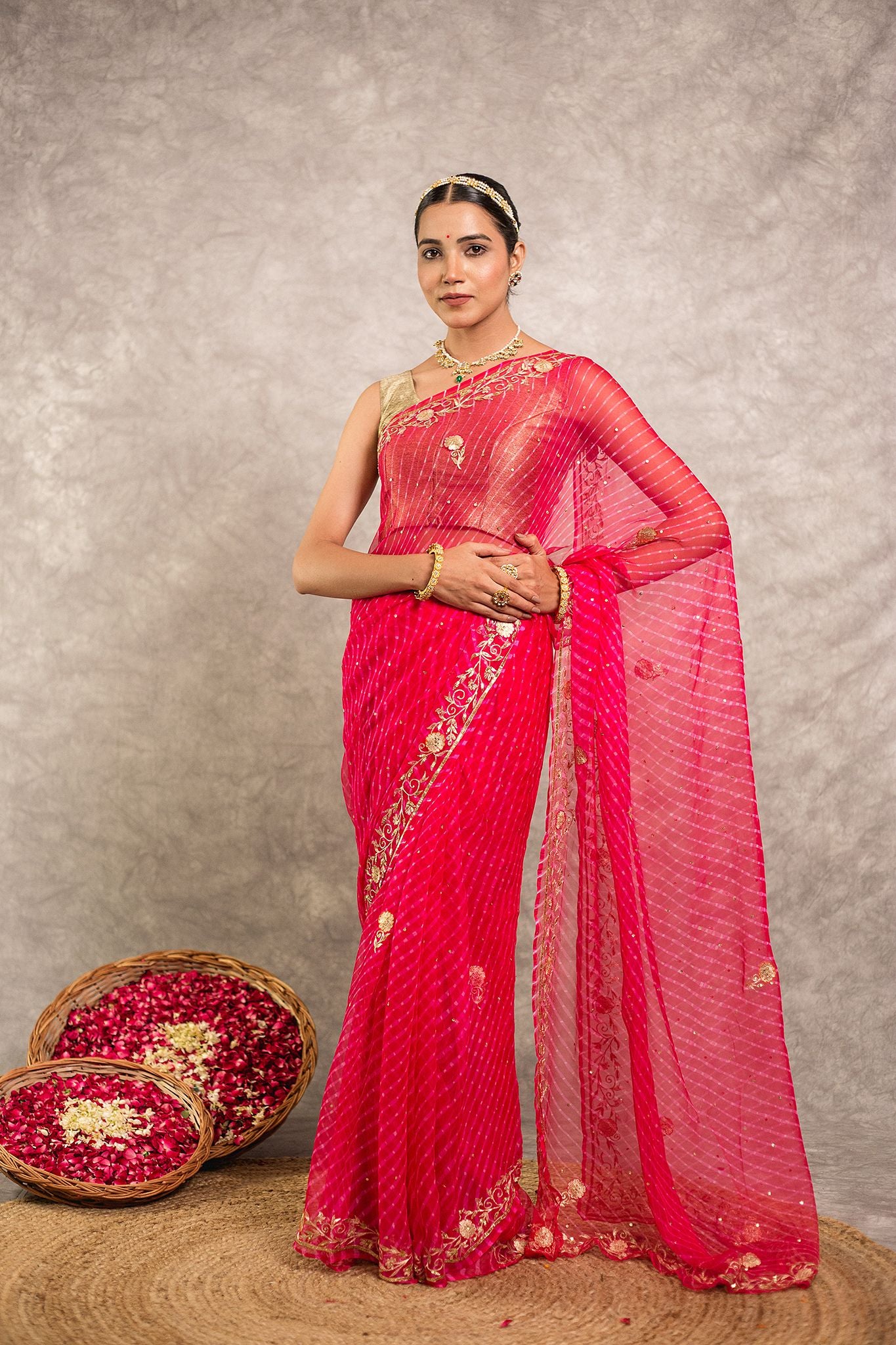 Magenta Lehariya Pure Georgette 20 Gsm aari sequins border butti handwork traditional wear saree