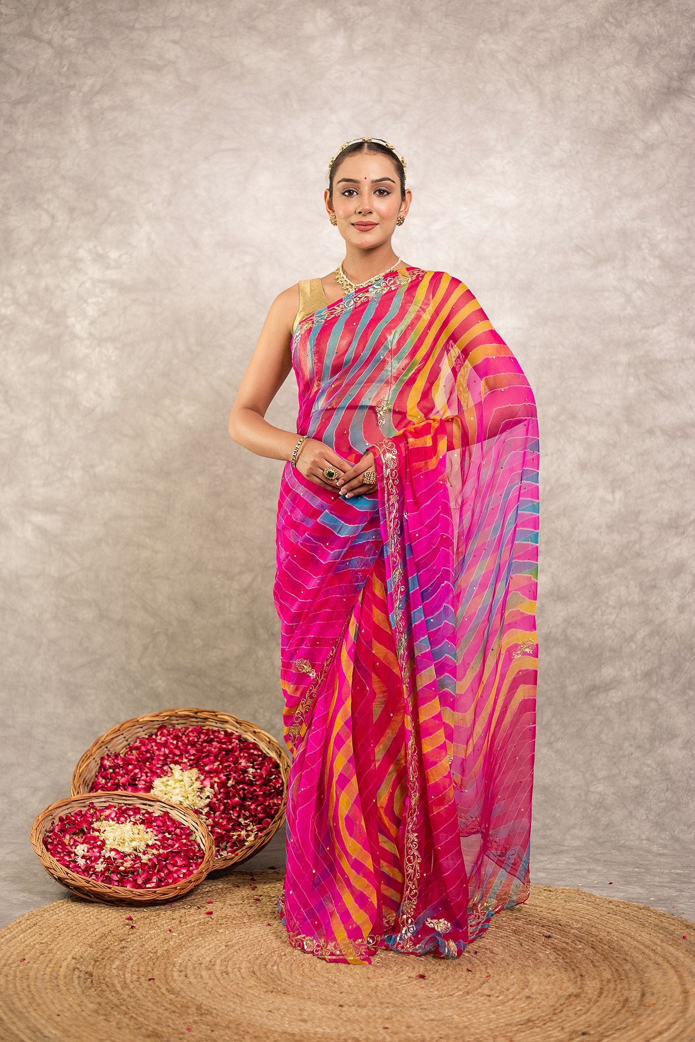 Multi lehariya Pure Georgette 20 Gsm aari sequins border butti handwork traditional wear saree