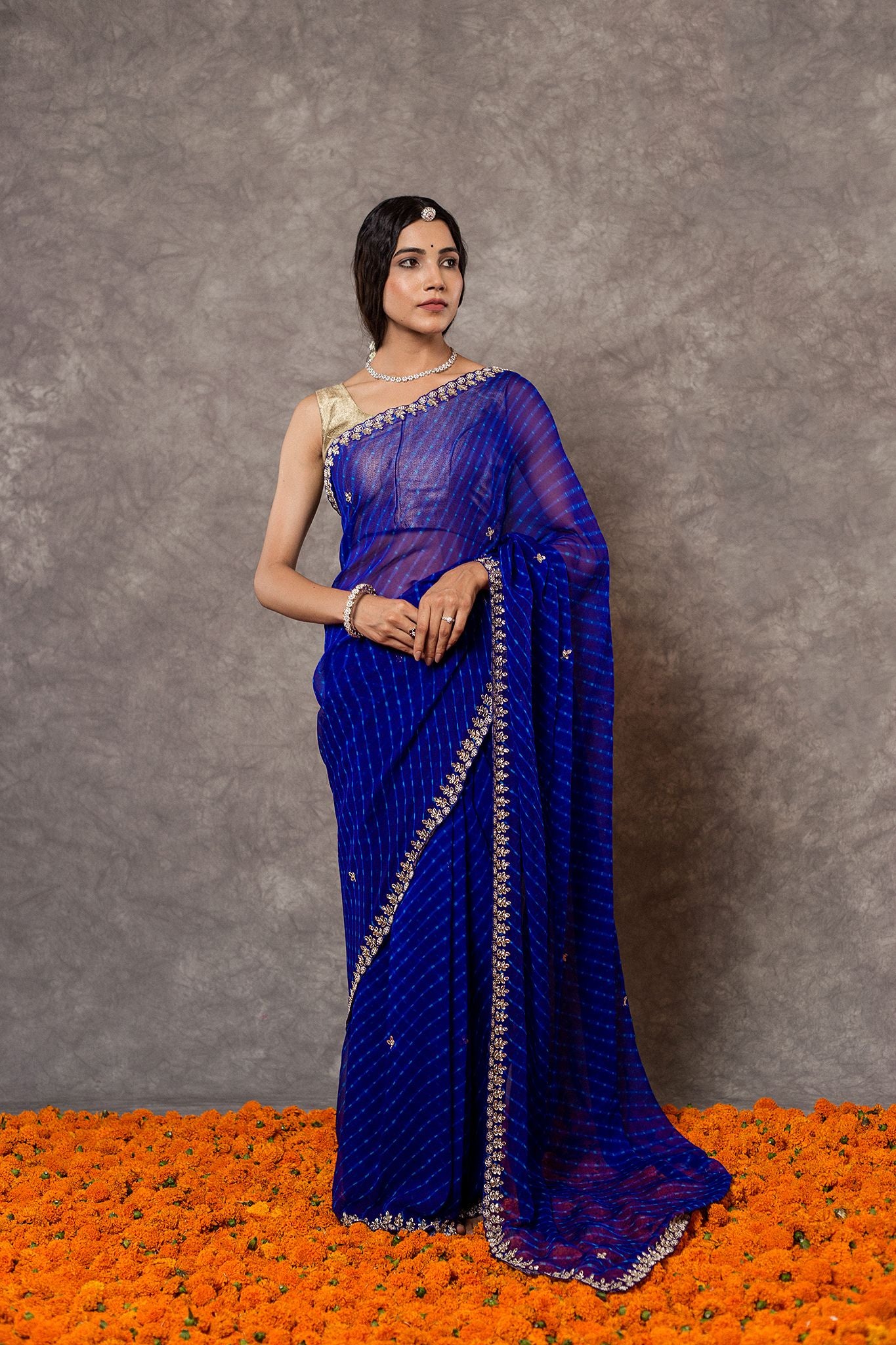 Blue Lehariya Pure Georgette 20 Gsm Kardana sequins border butti handwork traditional wear saree