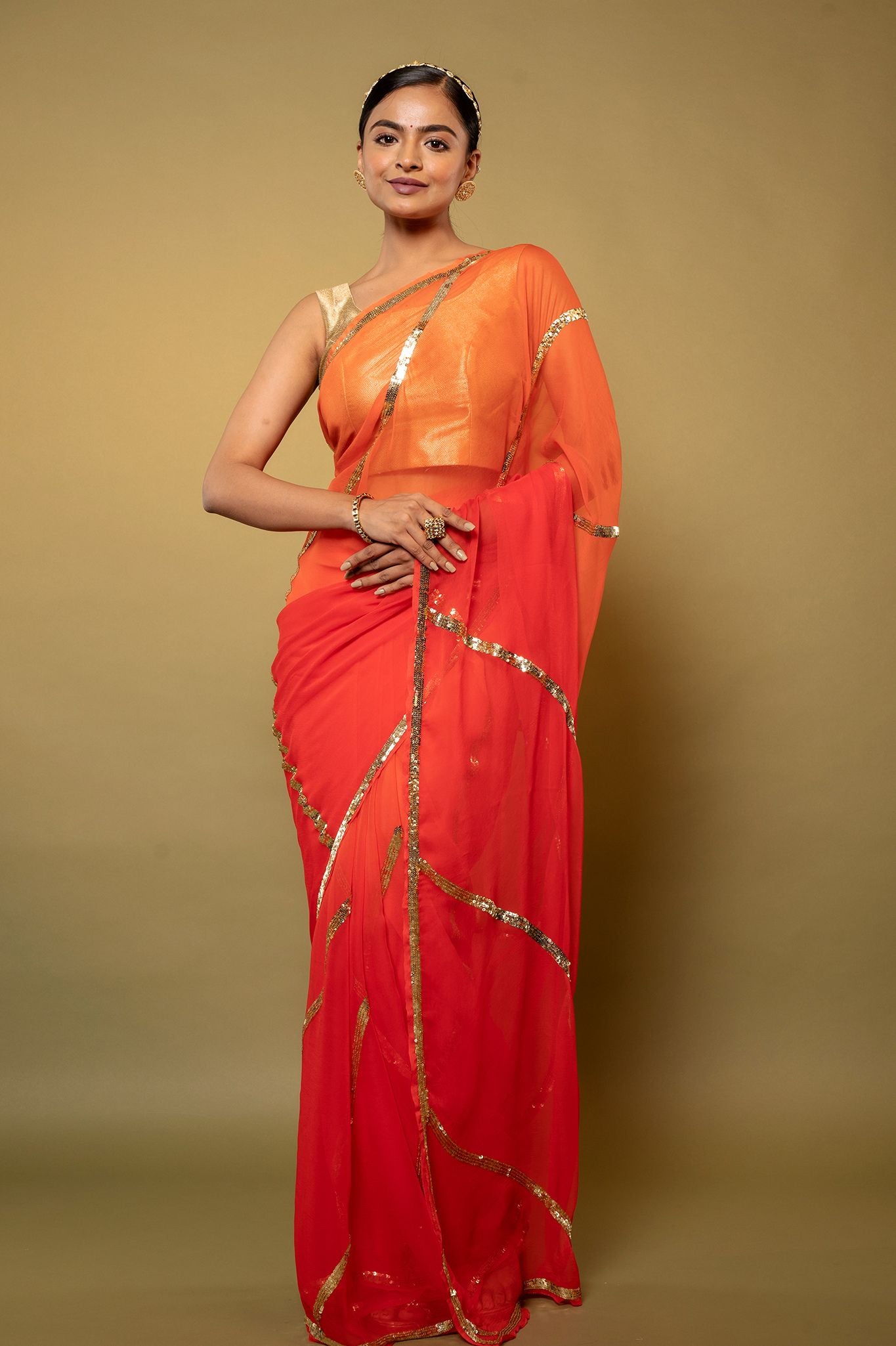 Orange light dark Viscose Chiffon sequins handwork party wear saree