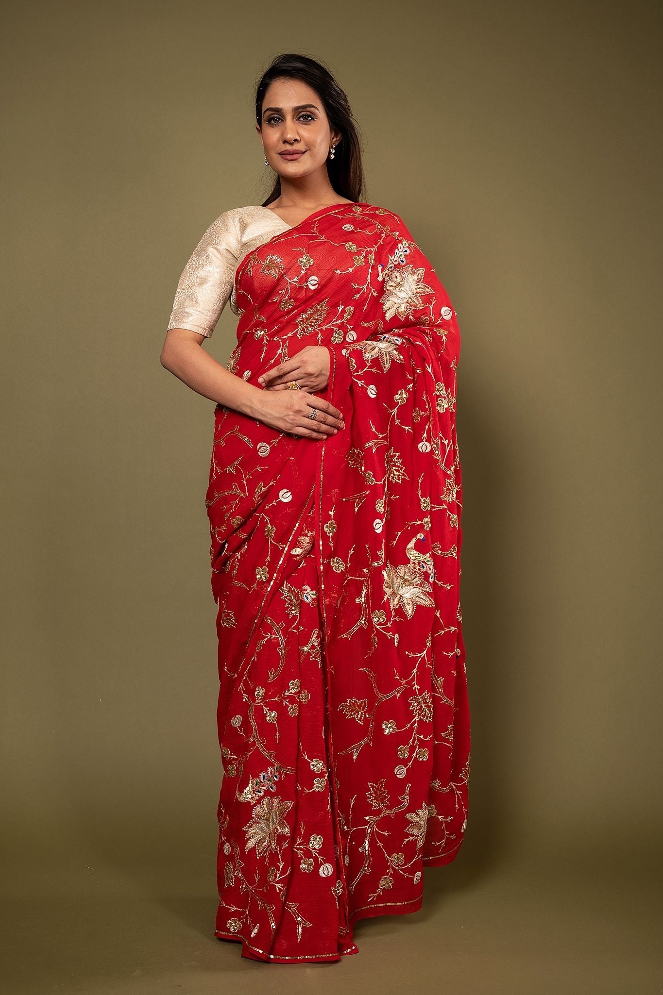 red pure chiffon aari sequins jaal handwork saree