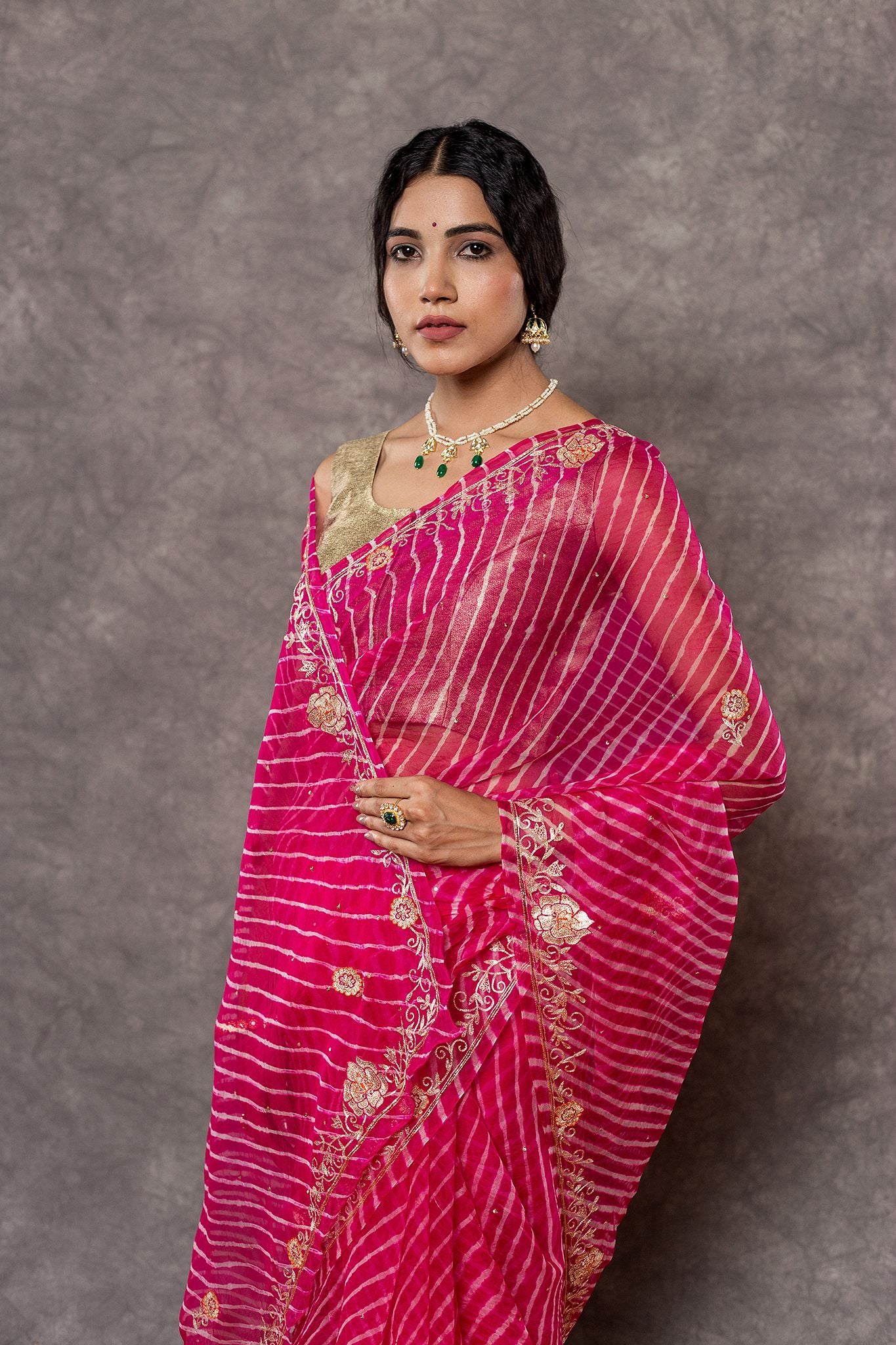 rani Lehariya Pure Georgette 20 Gsm aari sequins border butti handwork Traditional Wear saree