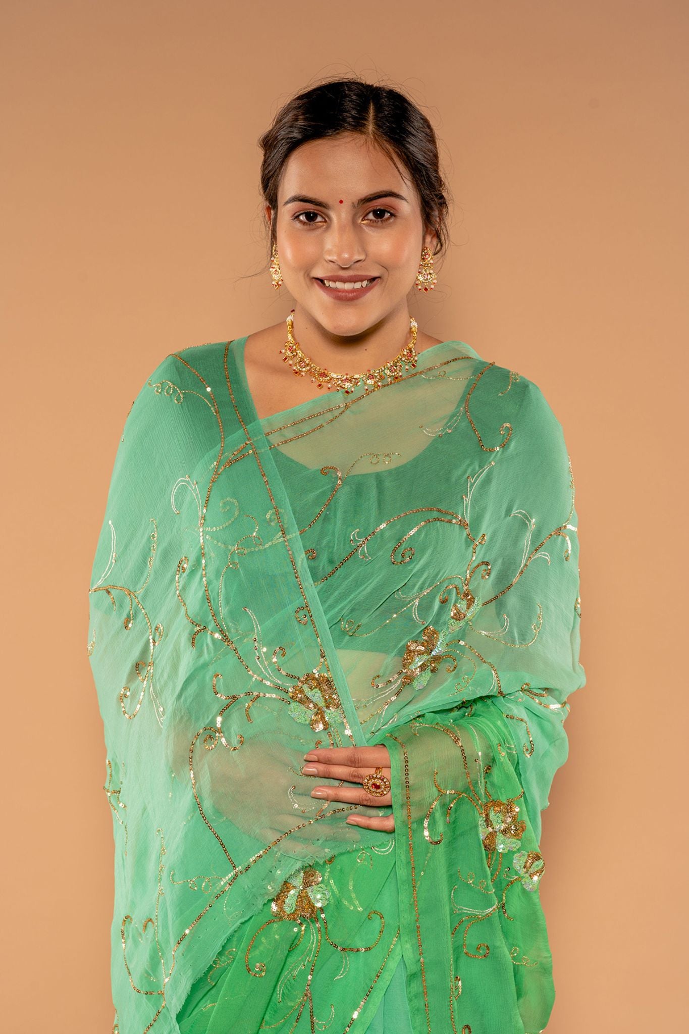 Green Shaded Viscose Chiffon Aari sequins Jaal Handwork Party wear Saree