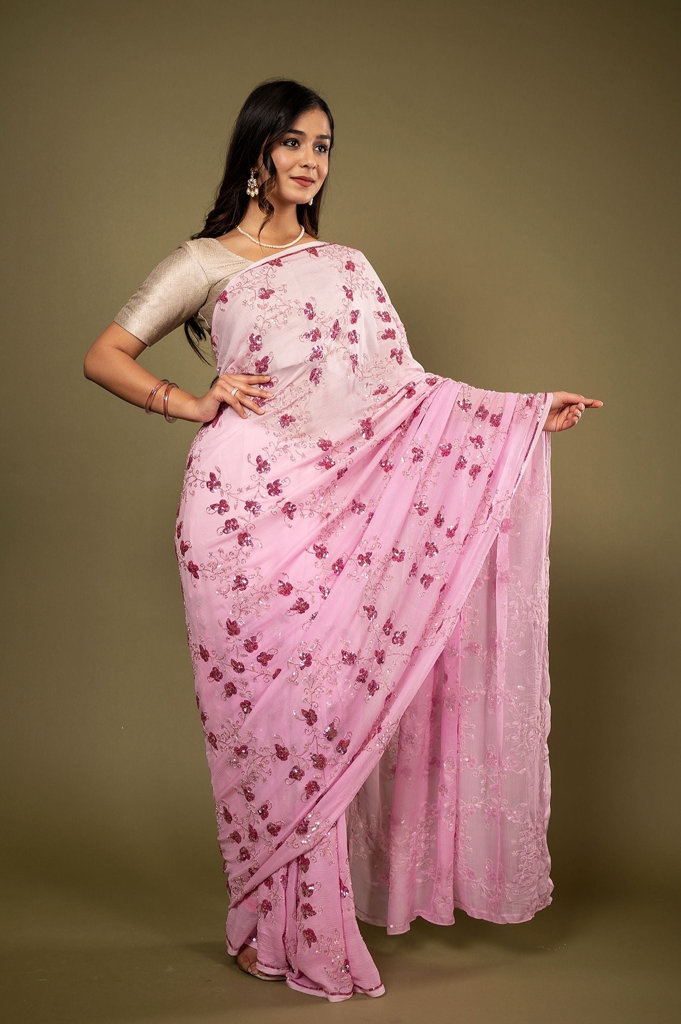 Pink light dark Pure Chiffon sequins kardana jaal handwork saree