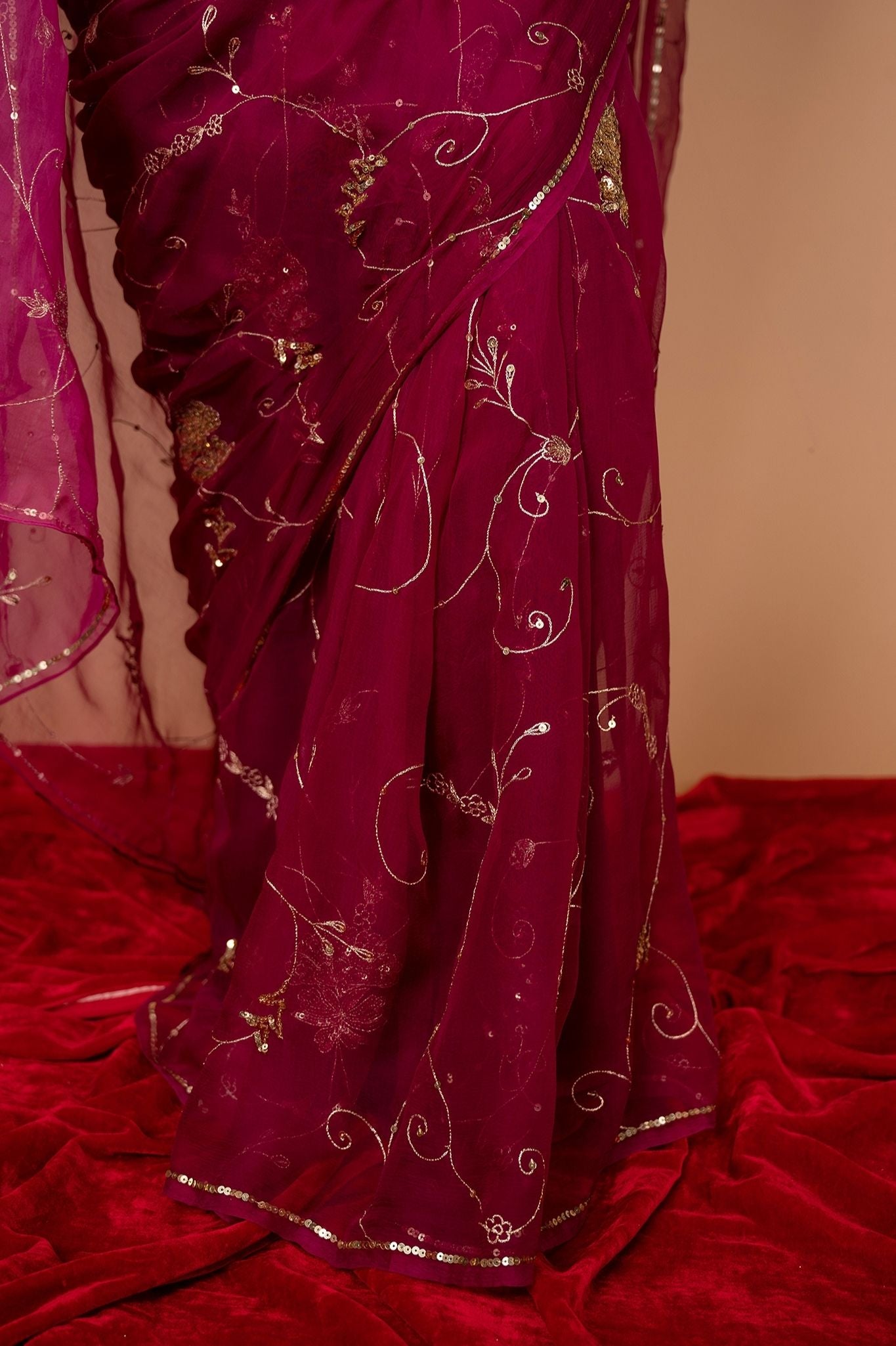 Wine Viscose Chiffon Aari sequins Jaal Handwork party wear Saree