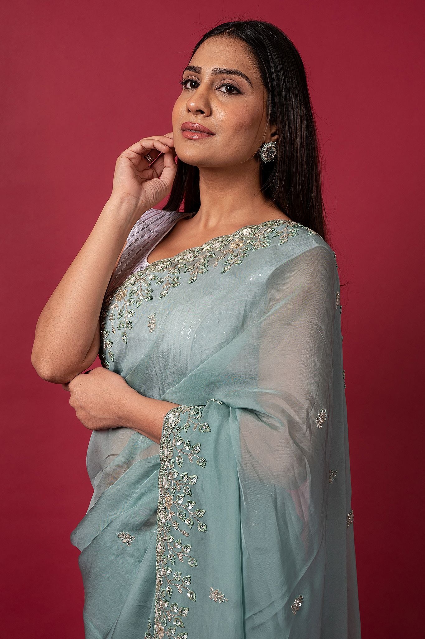 Sea Green Tissue organza sequins kardana handwork saree