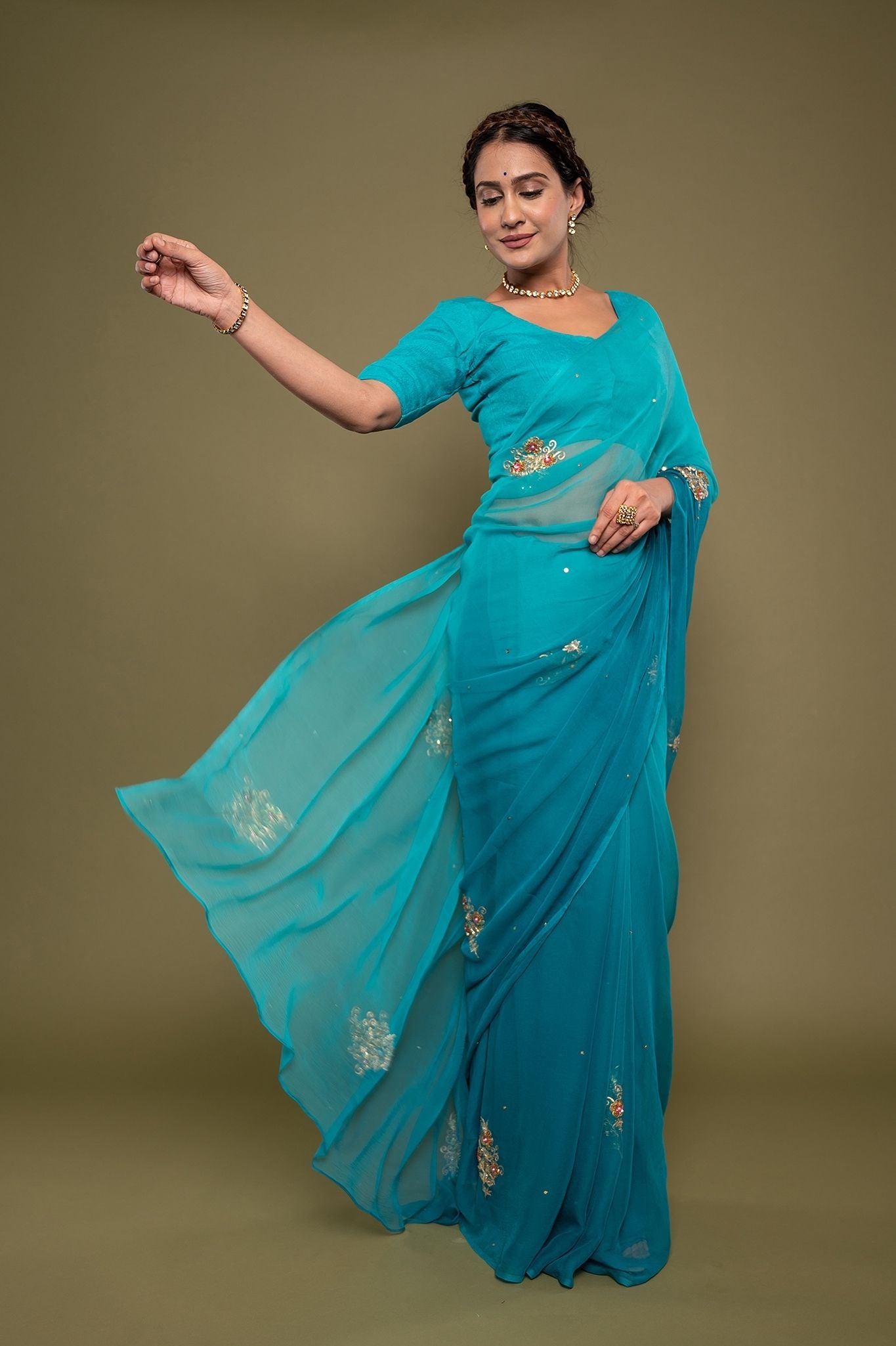 firozi viscose chiffon aari sequns handwork saree