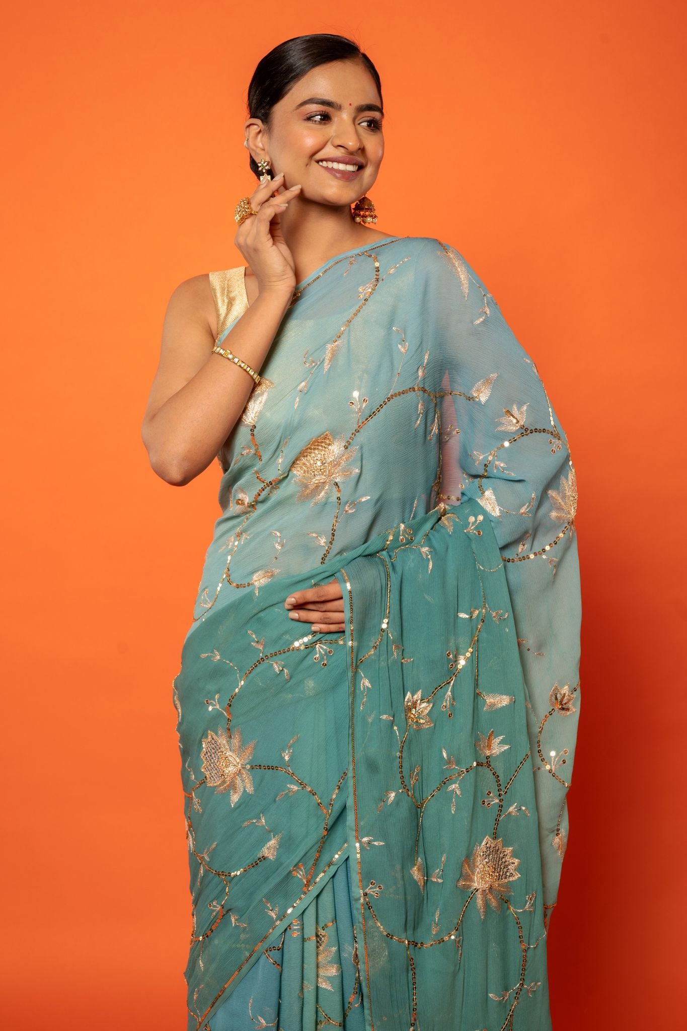 Greyish blue pure chiffon aari sequins jaal handwork saree