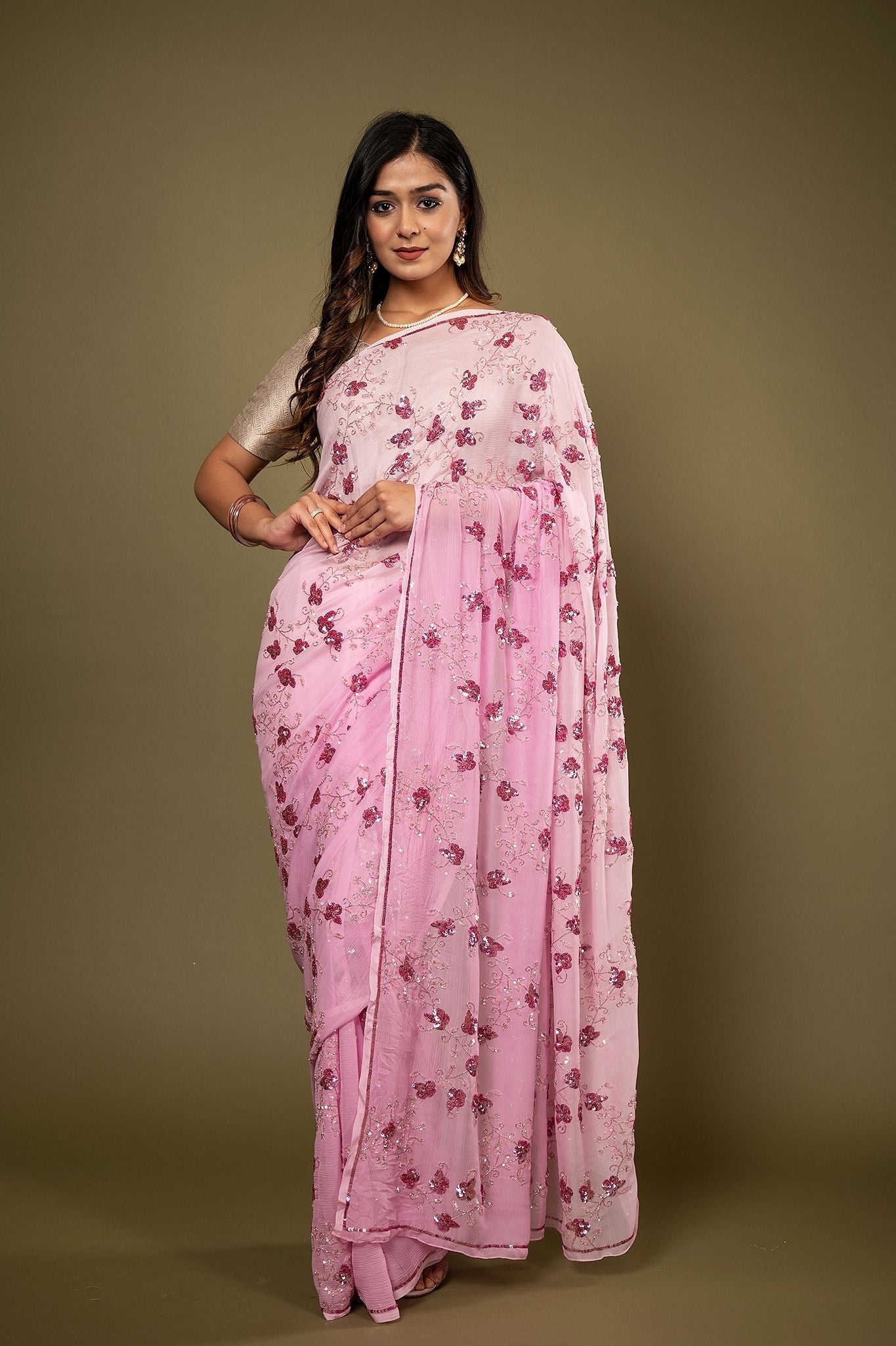 Pink light dark Pure Chiffon sequins kardana jaal handwork saree