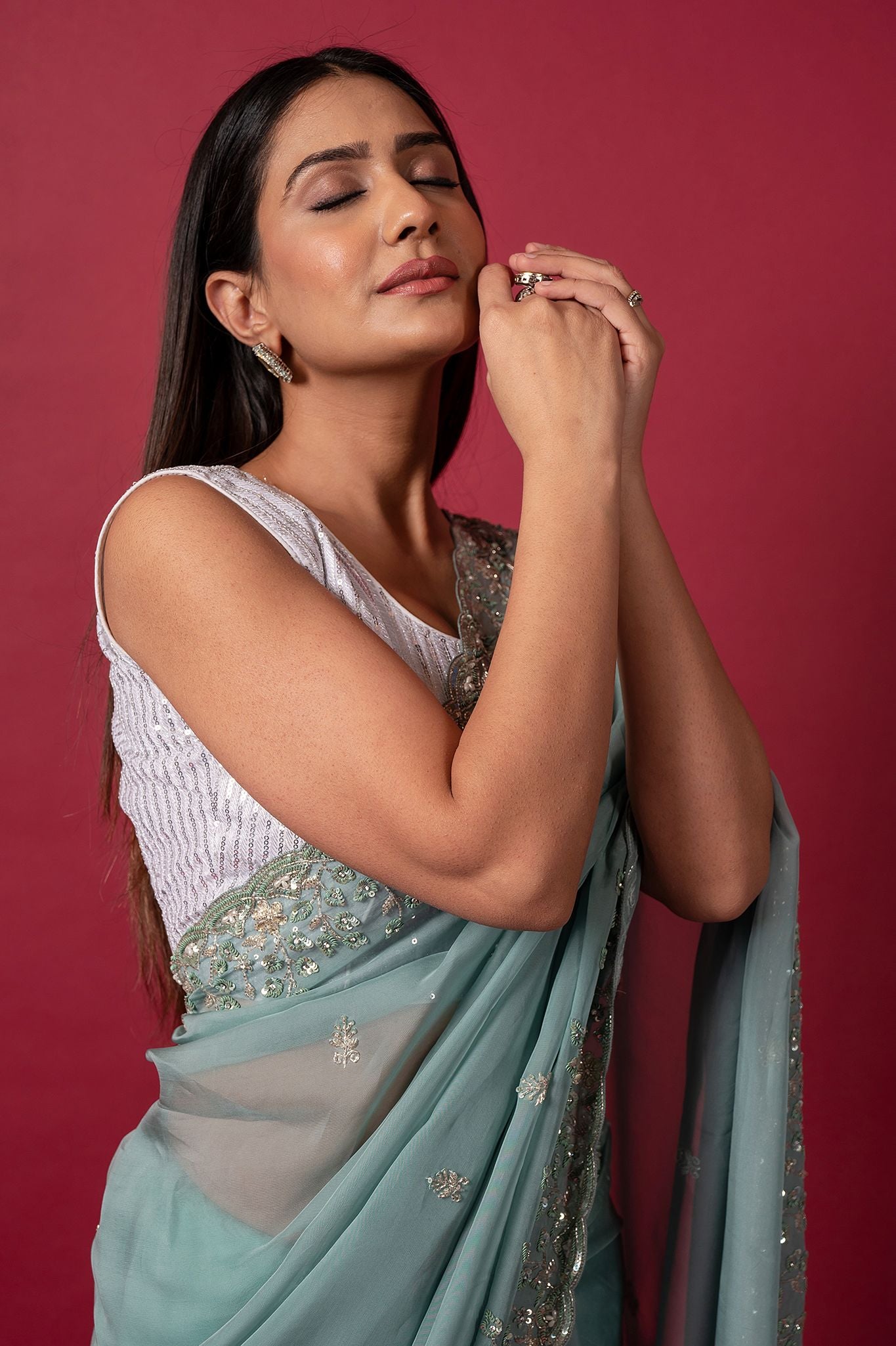 Sea Green Tissue organza sequins kardana handwork saree