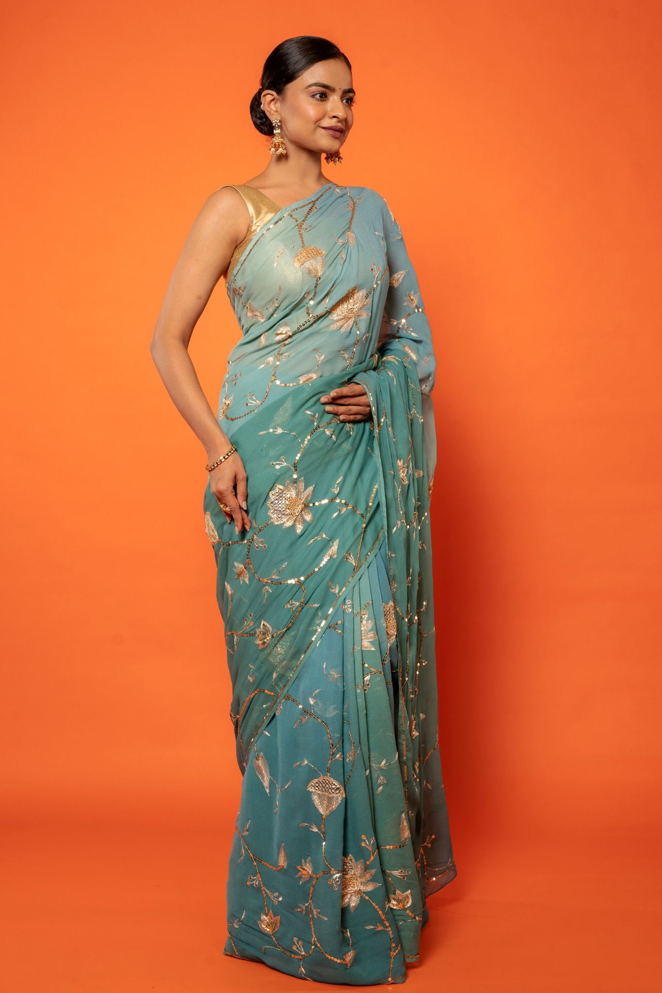 Greyish blue pure chiffon aari sequins jaal handwork saree