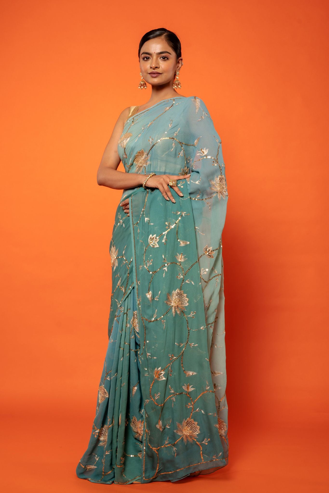 Greyish blue pure chiffon aari sequins jaal handwork saree