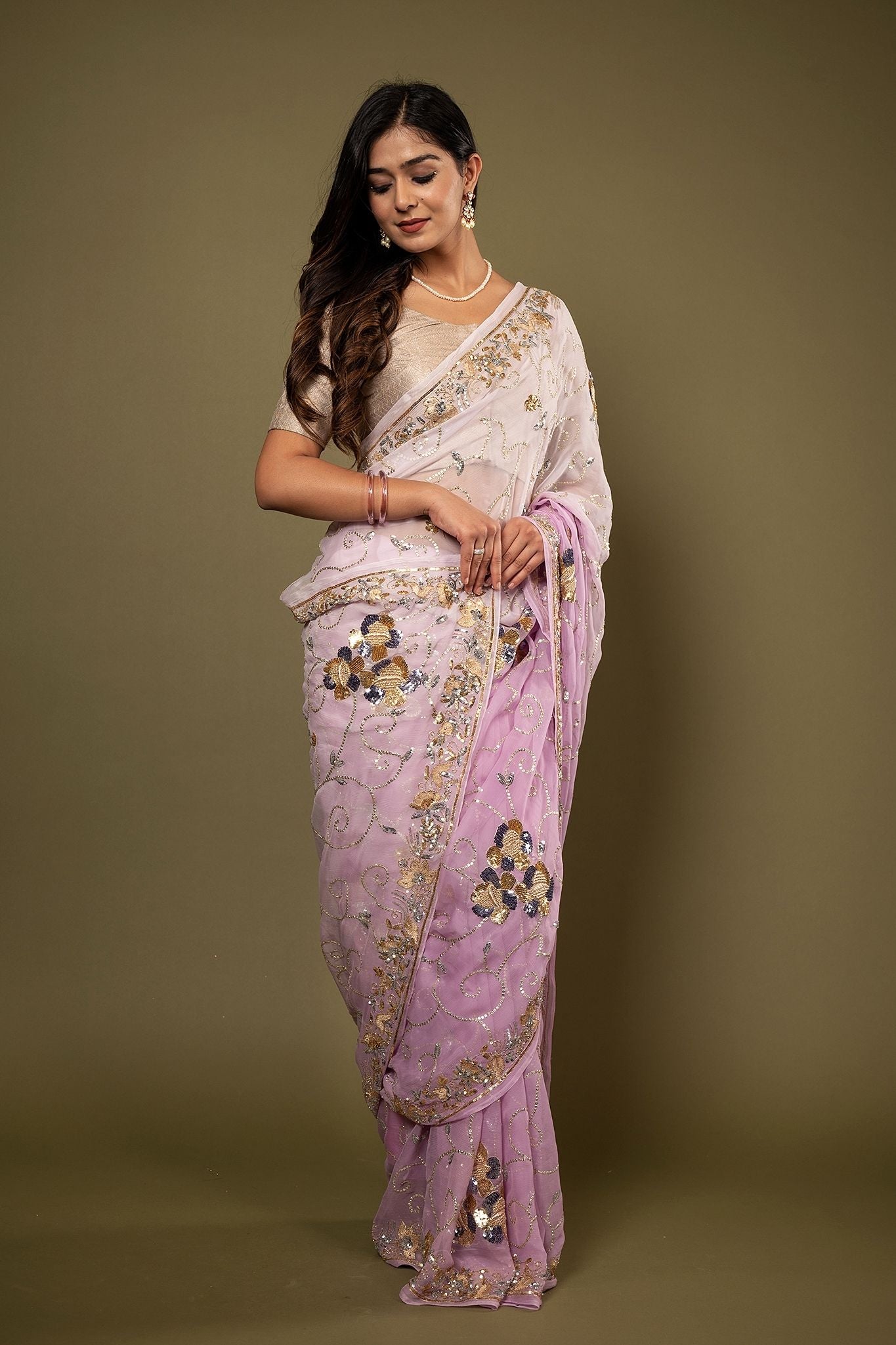 Pink light dark pure chiffon aari sequins zardozi border jaal handwork saree