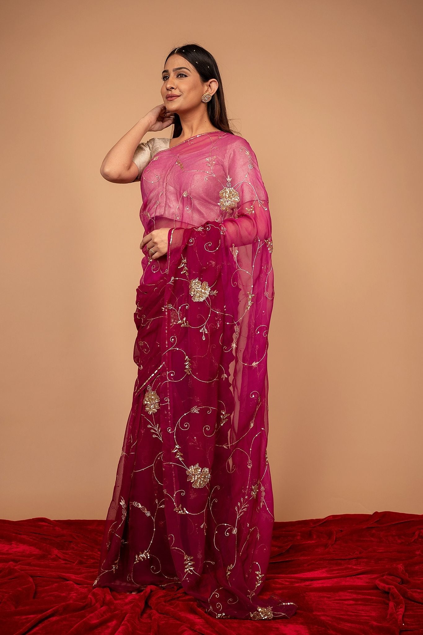 Wine Viscose Chiffon Aari sequins Jaal Handwork party wear Saree