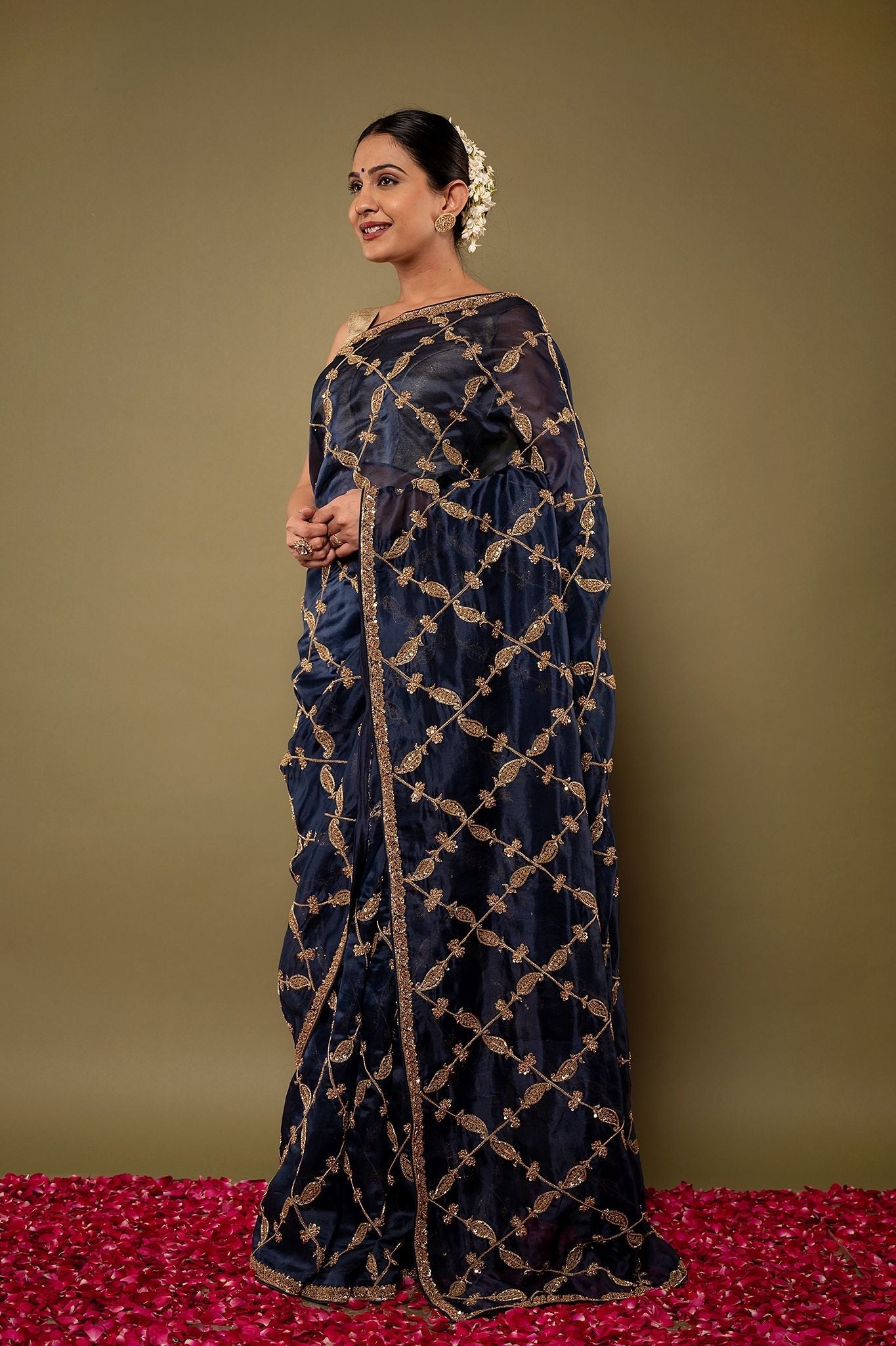 Blue pure organza Dori Dapka sequins jaal handwork saree