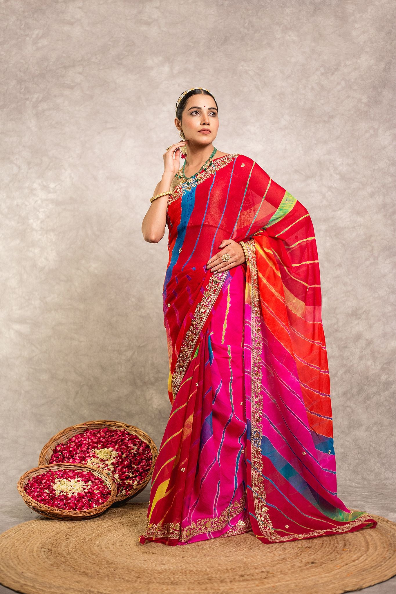 Multi lehariya Pure Georgette 20 Gsm Gotta Pati border butti handwork traditional wear saree