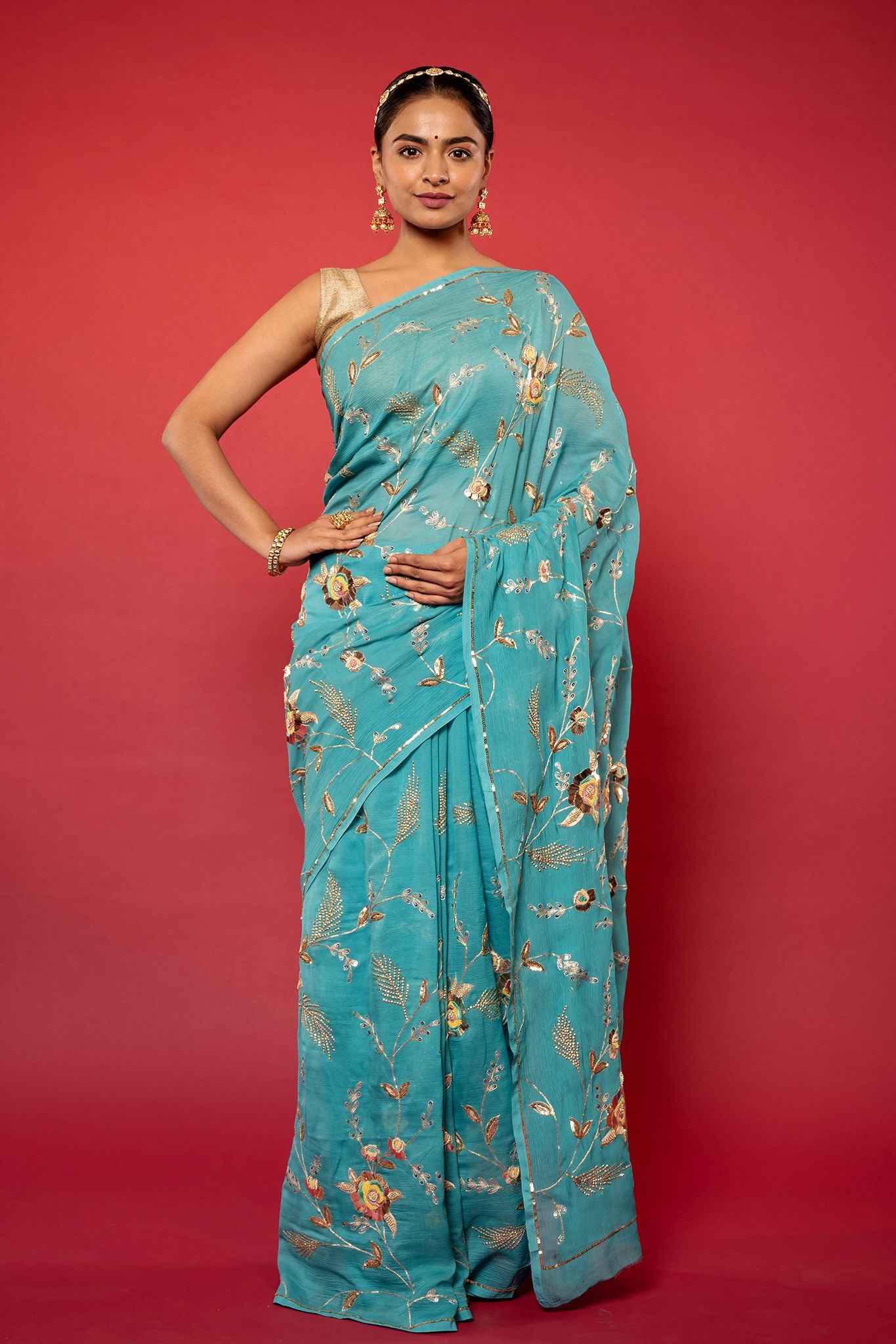 Turquoise pure chiffon aari sequins jaal handwork saree
