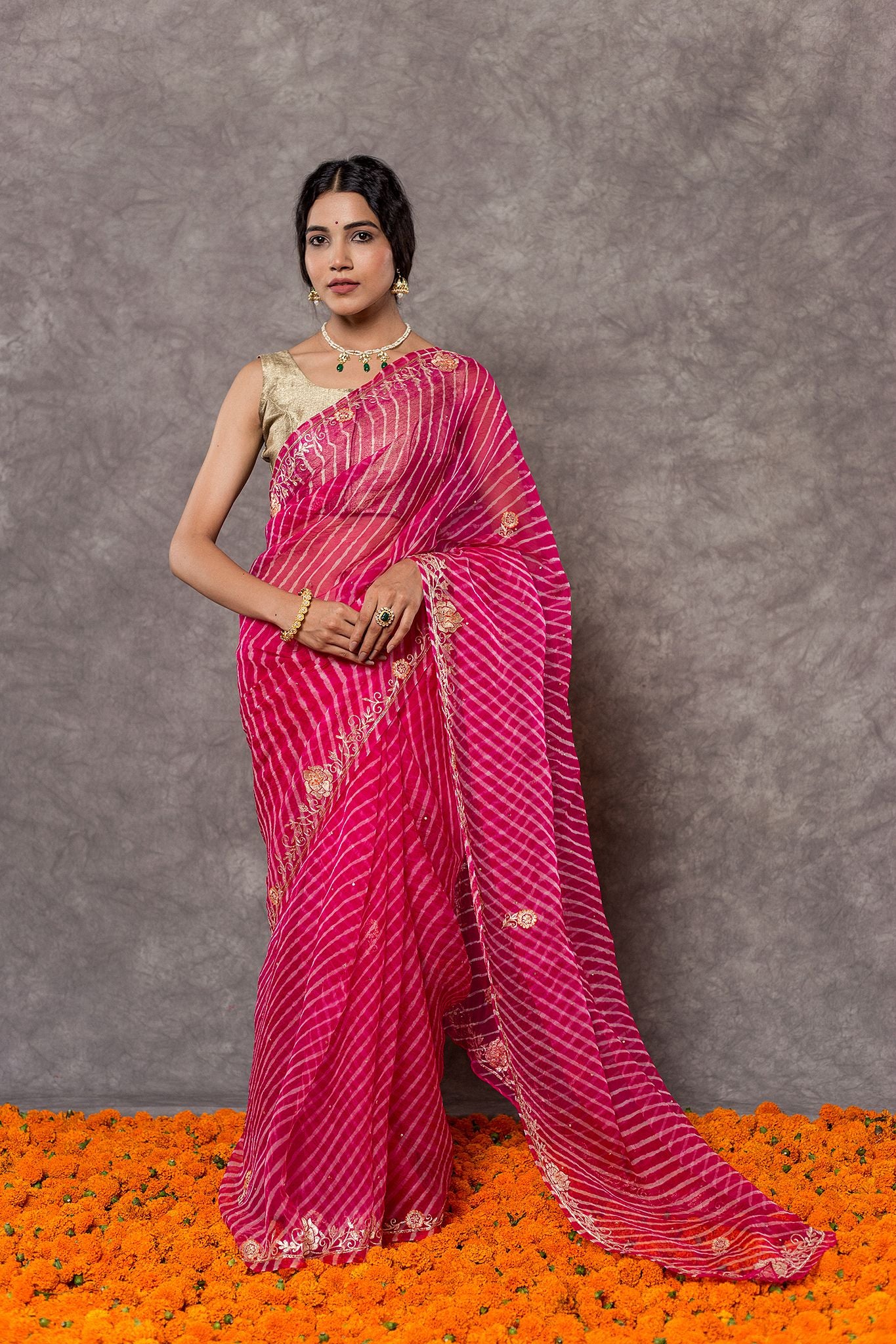 rani Lehariya Pure Georgette 20 Gsm aari sequins border butti handwork Traditional Wear saree