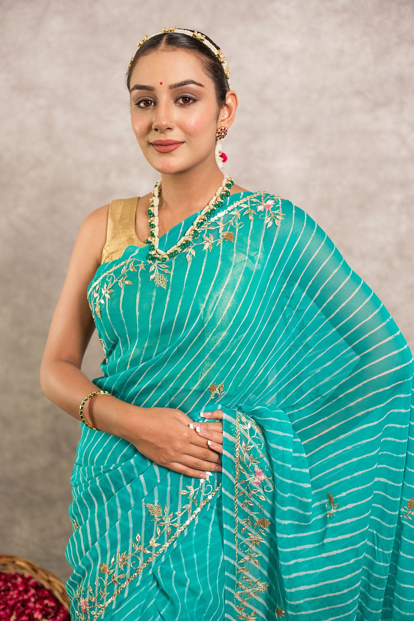 Firozi Lehariya Pure Georgette 20 Gsm aari sequins handwork traditional wear saree