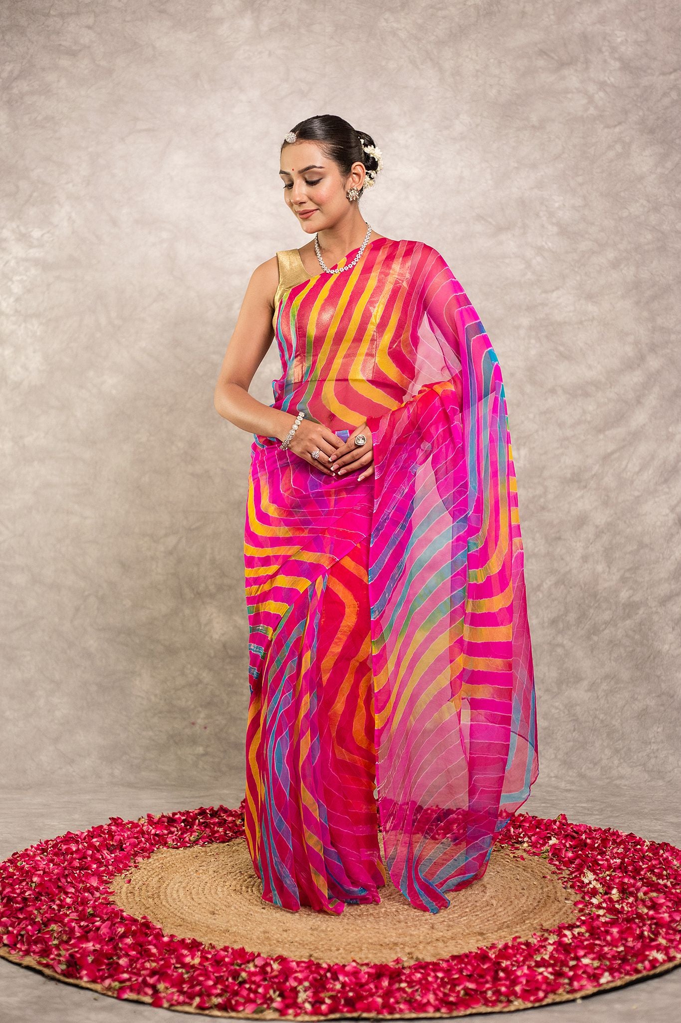 Multi lehariya Pure Georgette 20 Gsm plain hand dyed traditional wear saree
