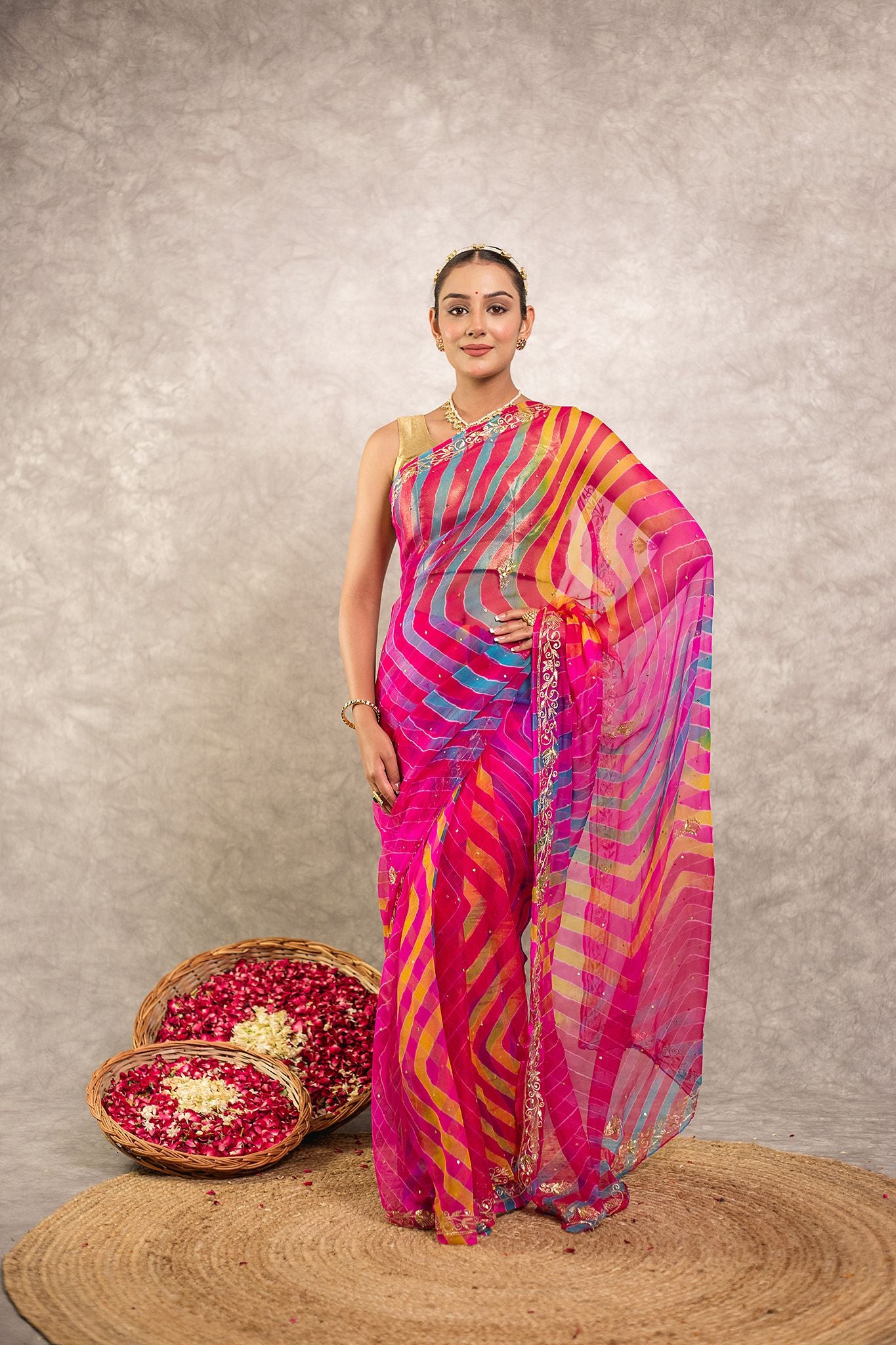 Multi lehariya Pure Georgette 20 Gsm aari sequins border butti handwork traditional wear saree