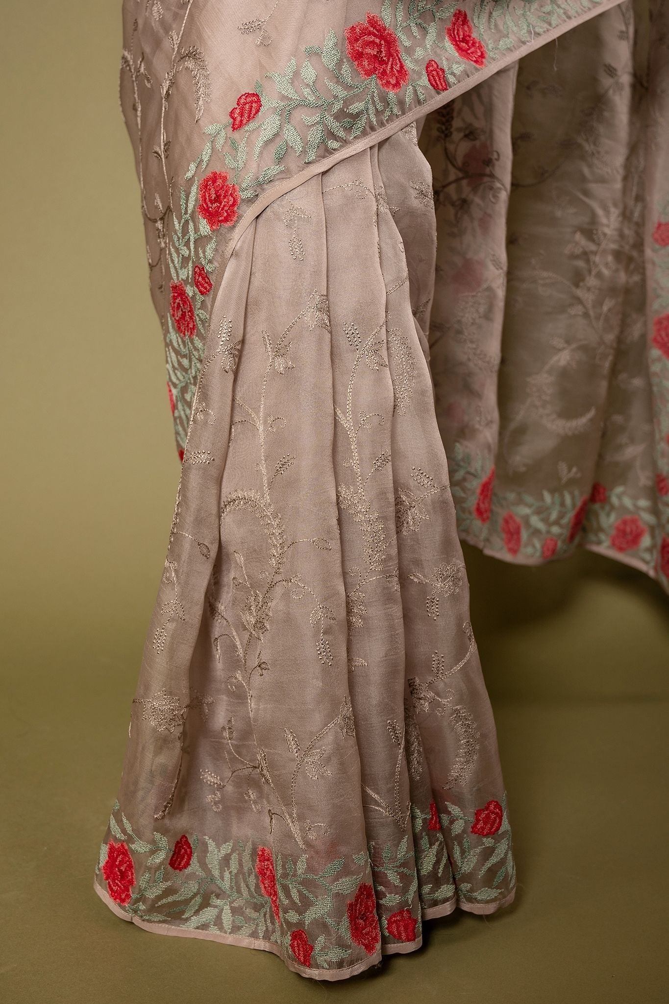 Grey Organza resham border jaal handwork saree