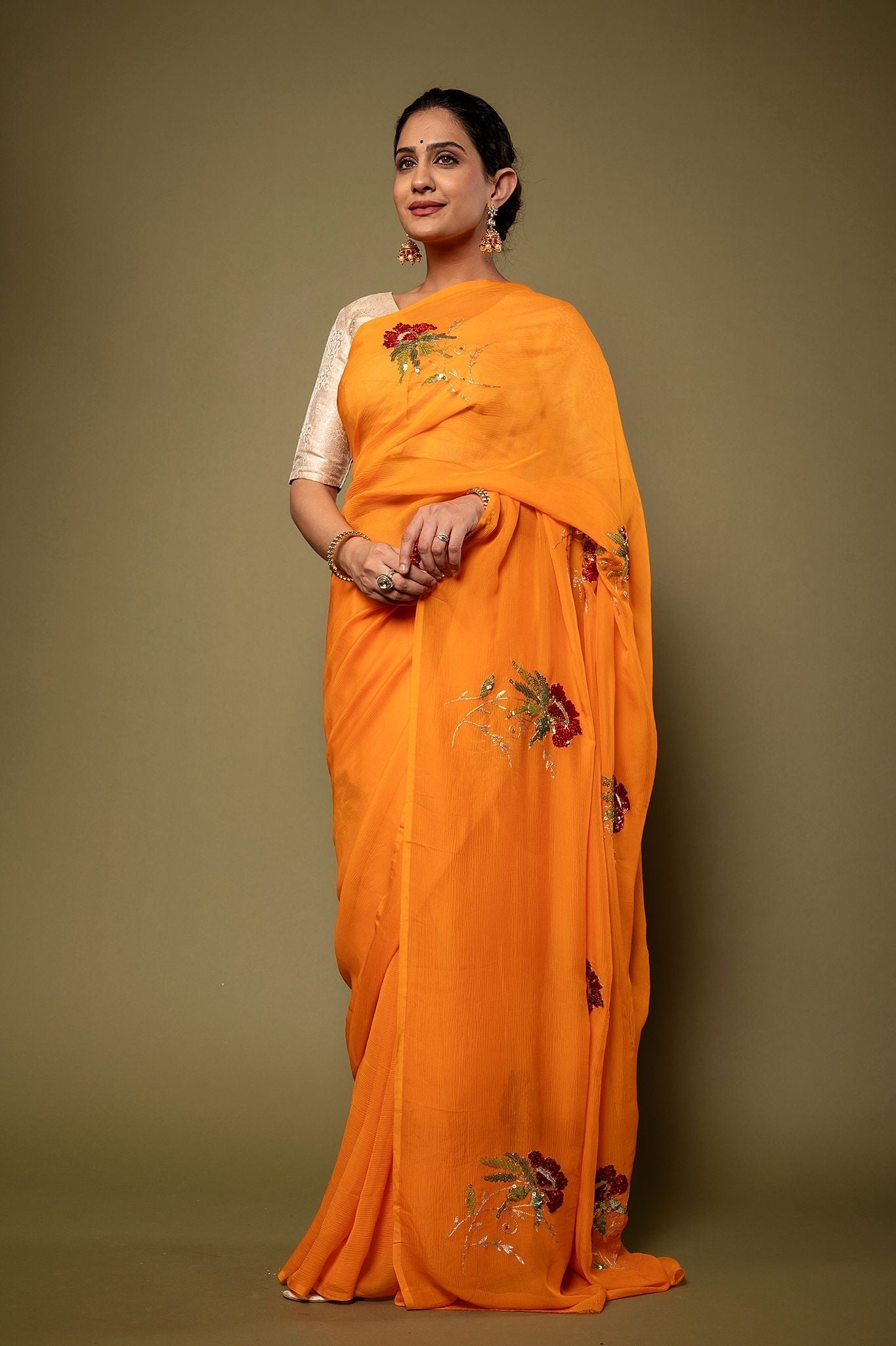 Kesariya yellow Pure Chiffon Aari sequins Motif Handwork Saree