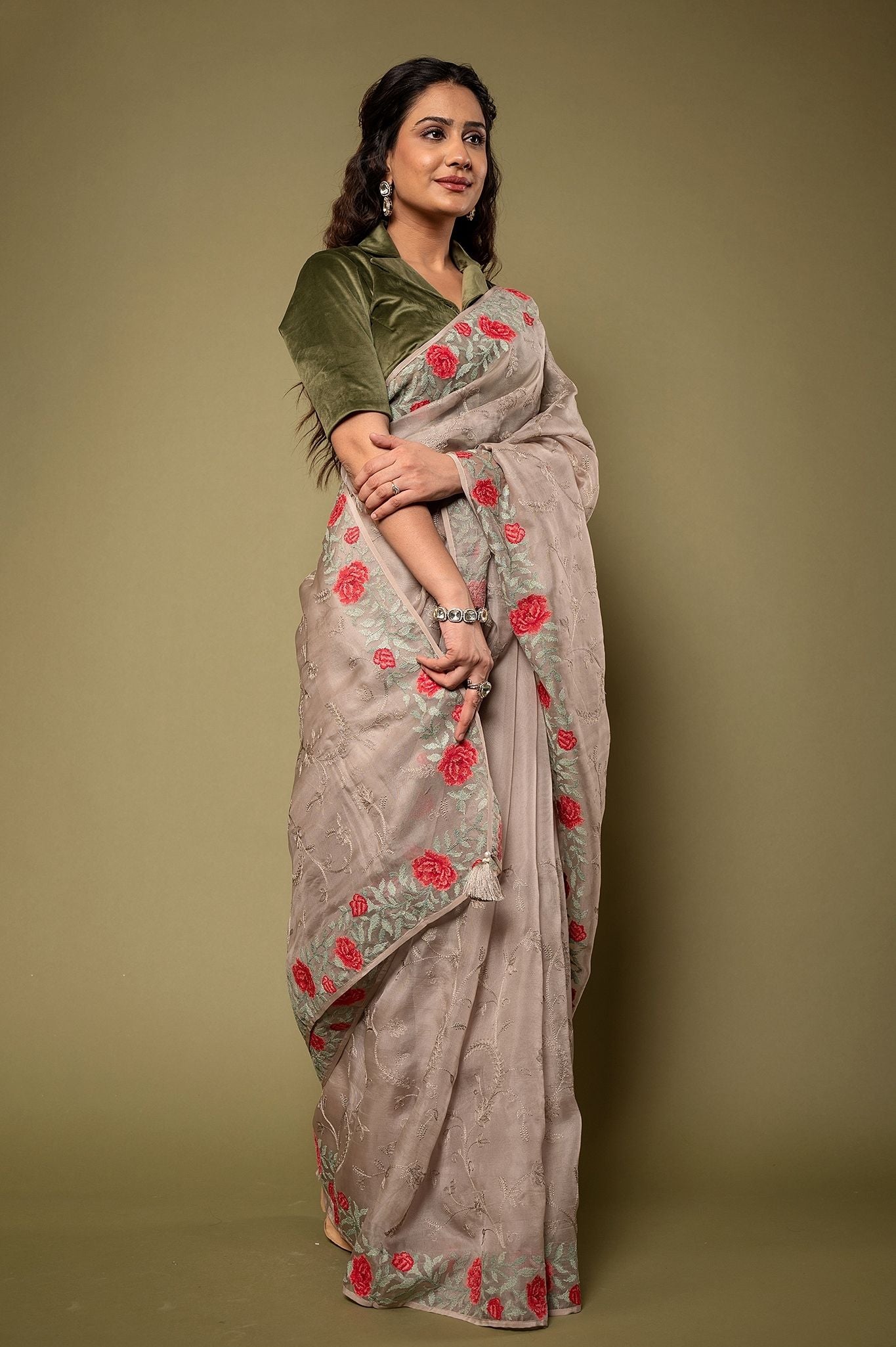 Grey Organza resham border jaal handwork saree