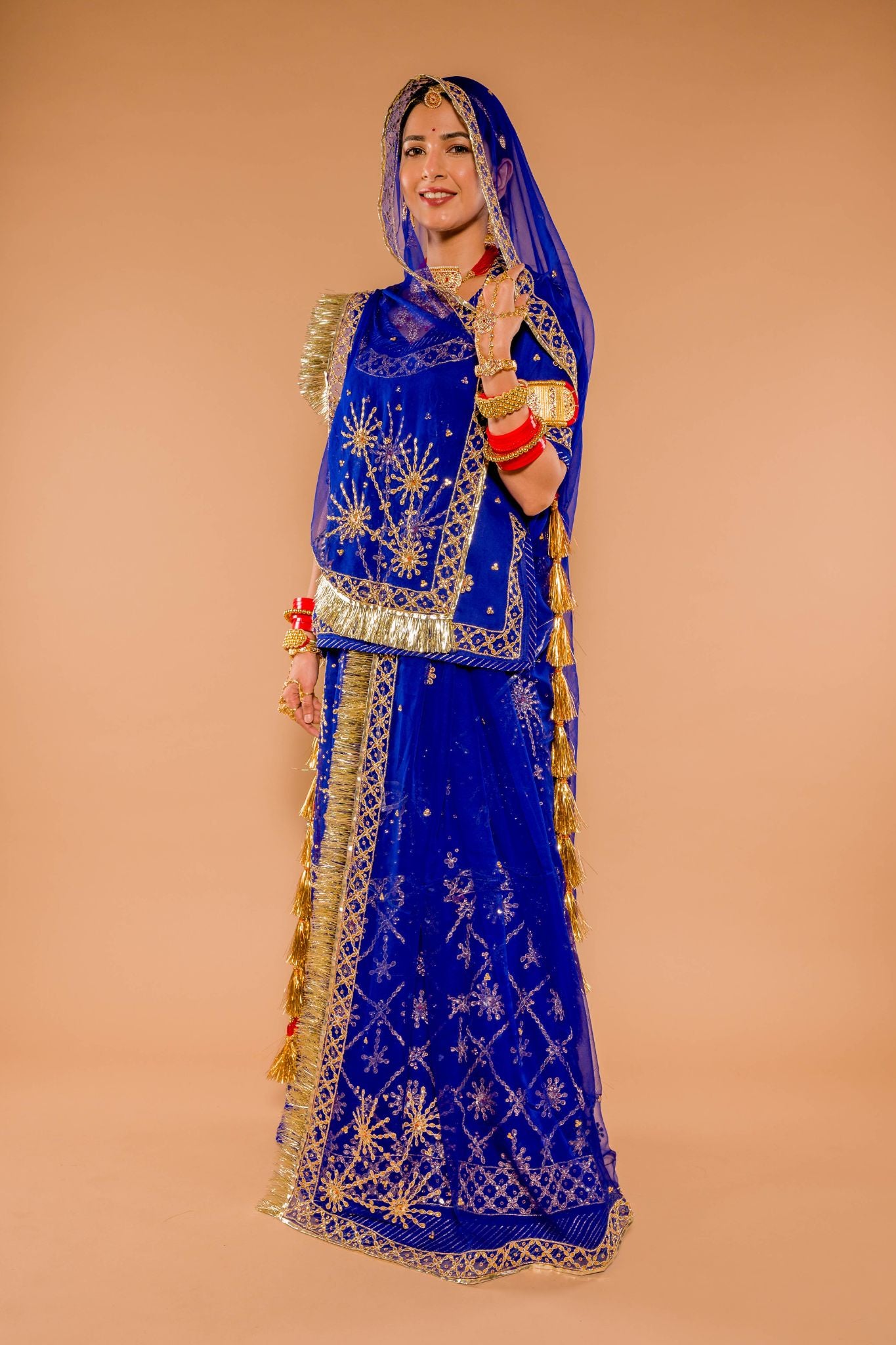 Royal blue pure georgette kardana kundan handwork poshak with pure odhna