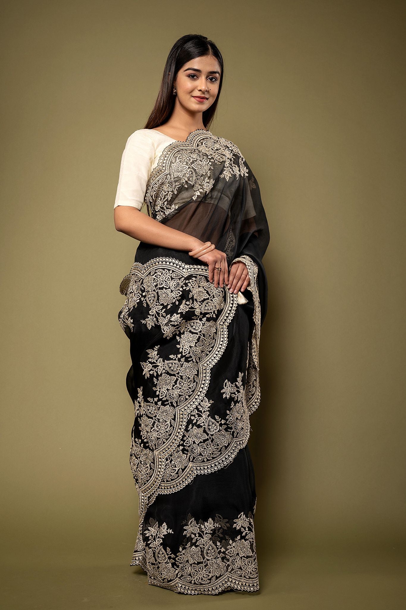 Black Organza dabka marodi border butti handwork saree