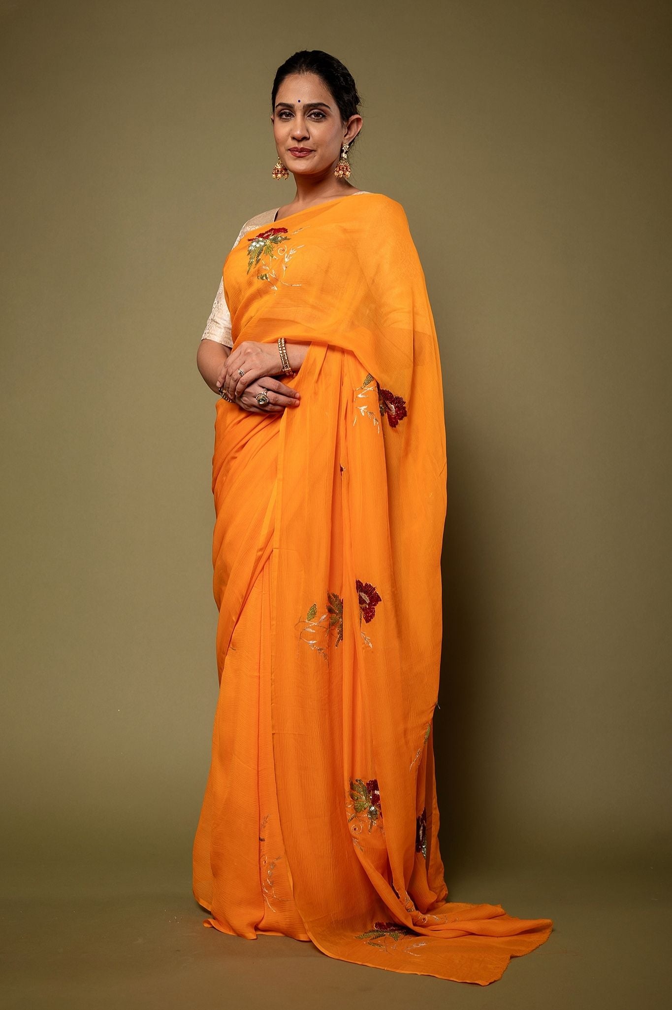 Kesariya yellow Pure Chiffon Aari sequins Motif Handwork Saree