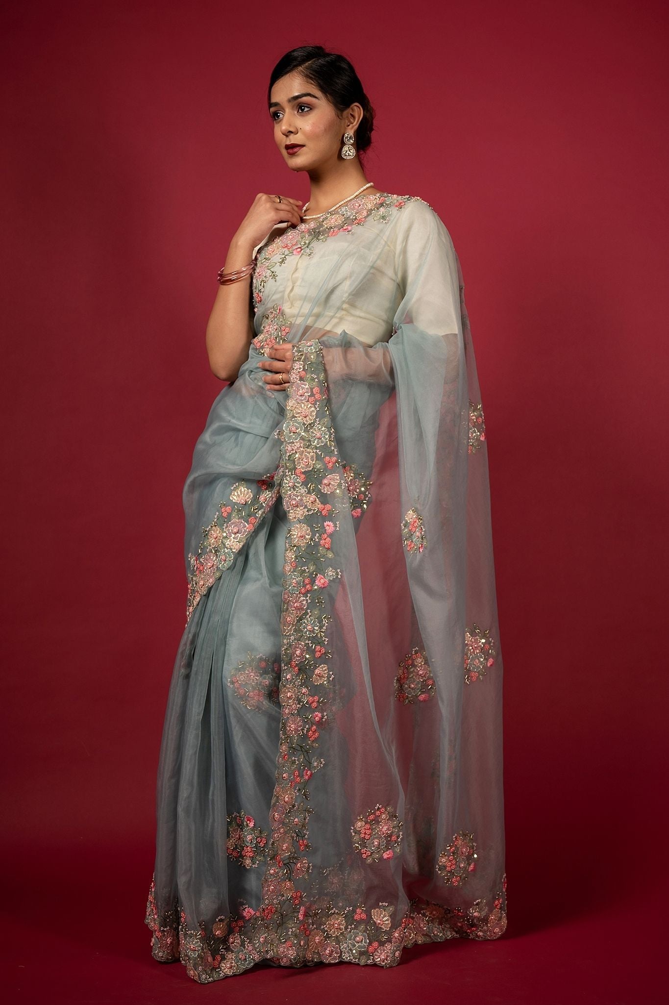 Grey organza fancy work handwork saree