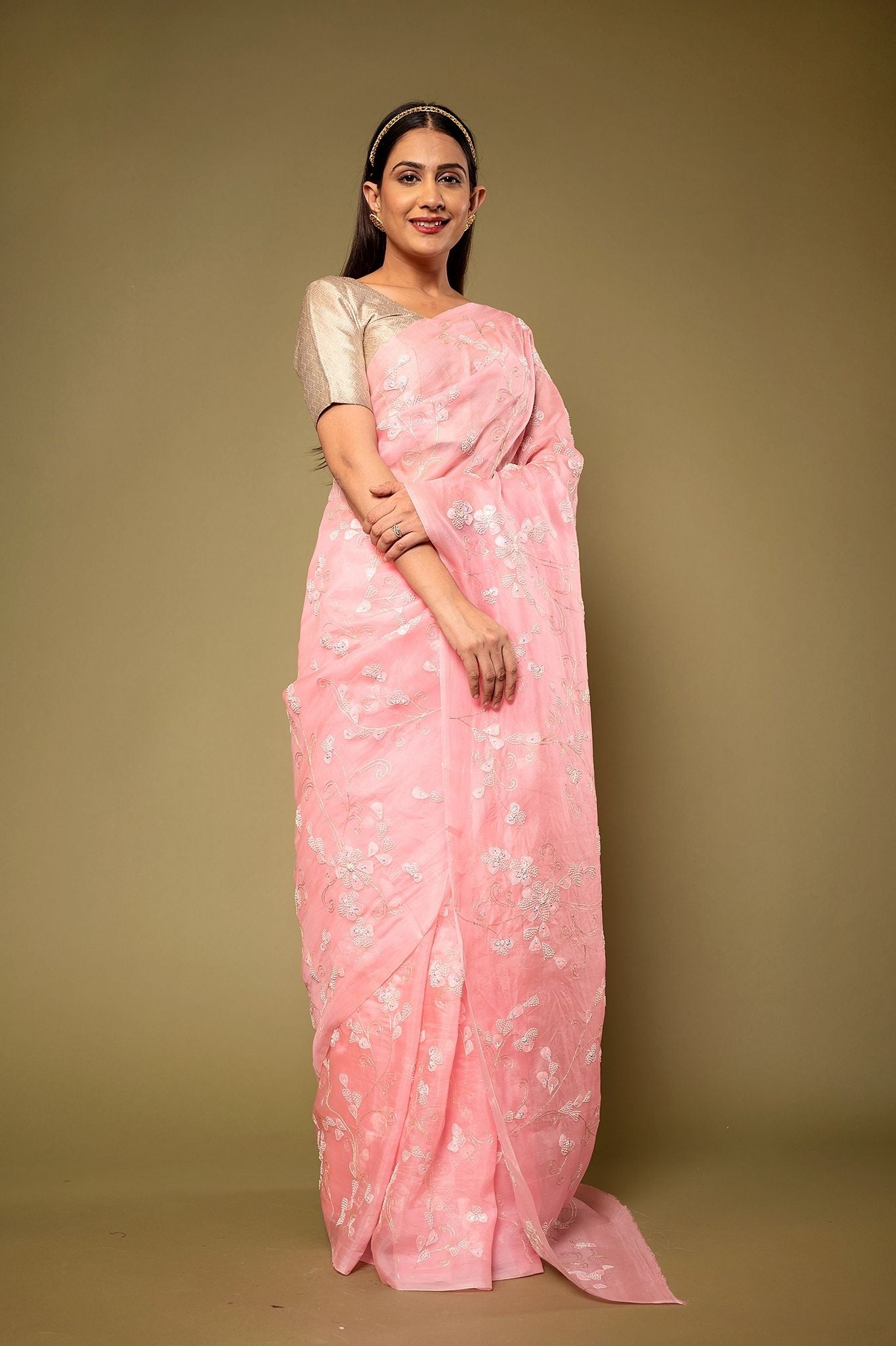 Baby Pink Organza resham embroidery jaal Handwork Saree