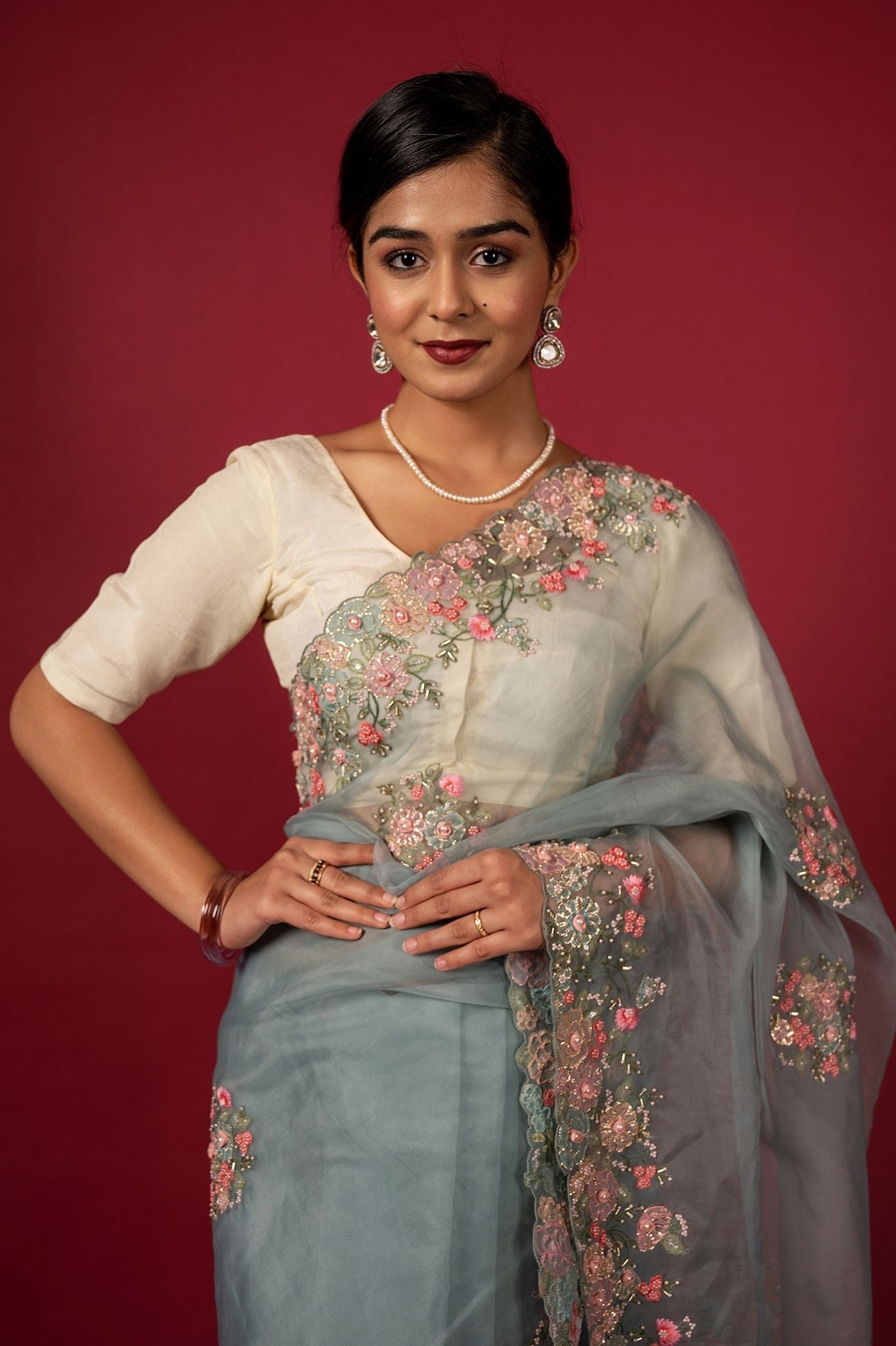 Grey organza fancy work handwork saree