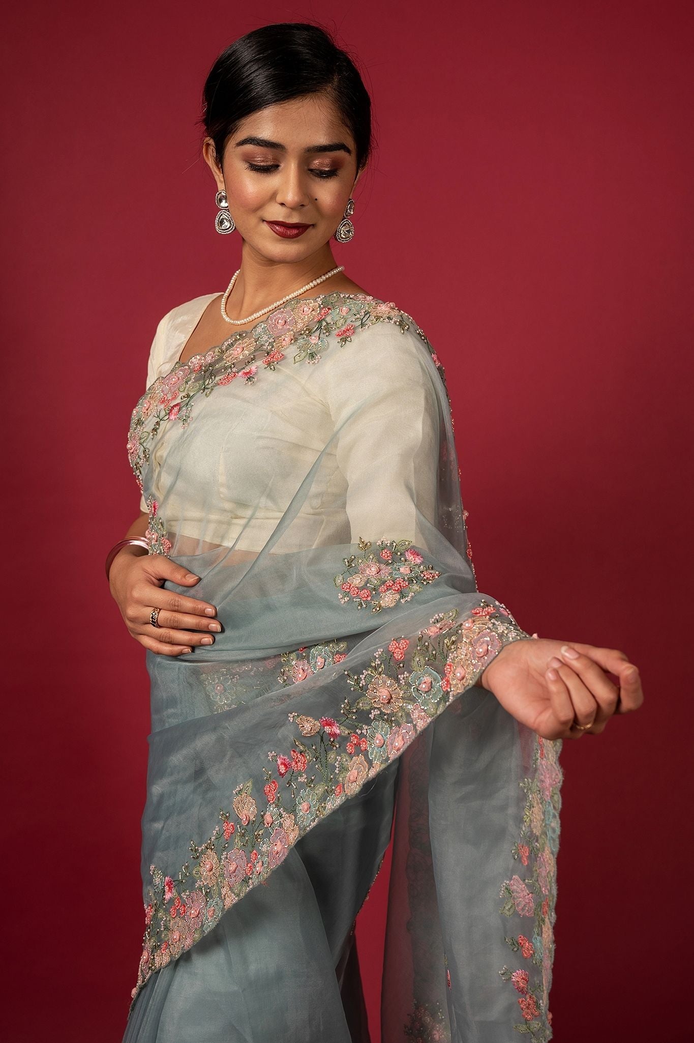 Grey organza fancy work handwork saree