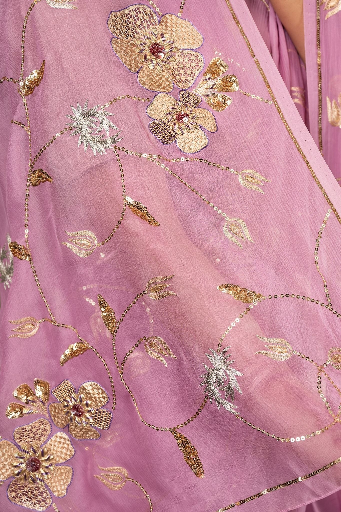 Lavender pure chiffon aari sequins jaal handwork saree